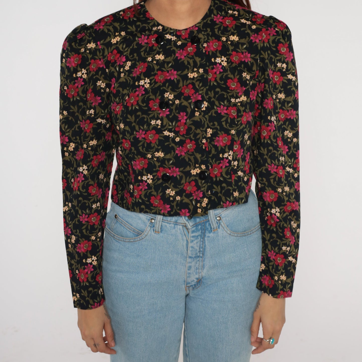 80s Black Floral Puff Sleeve Button-Up Blouse Double Breasted Medium