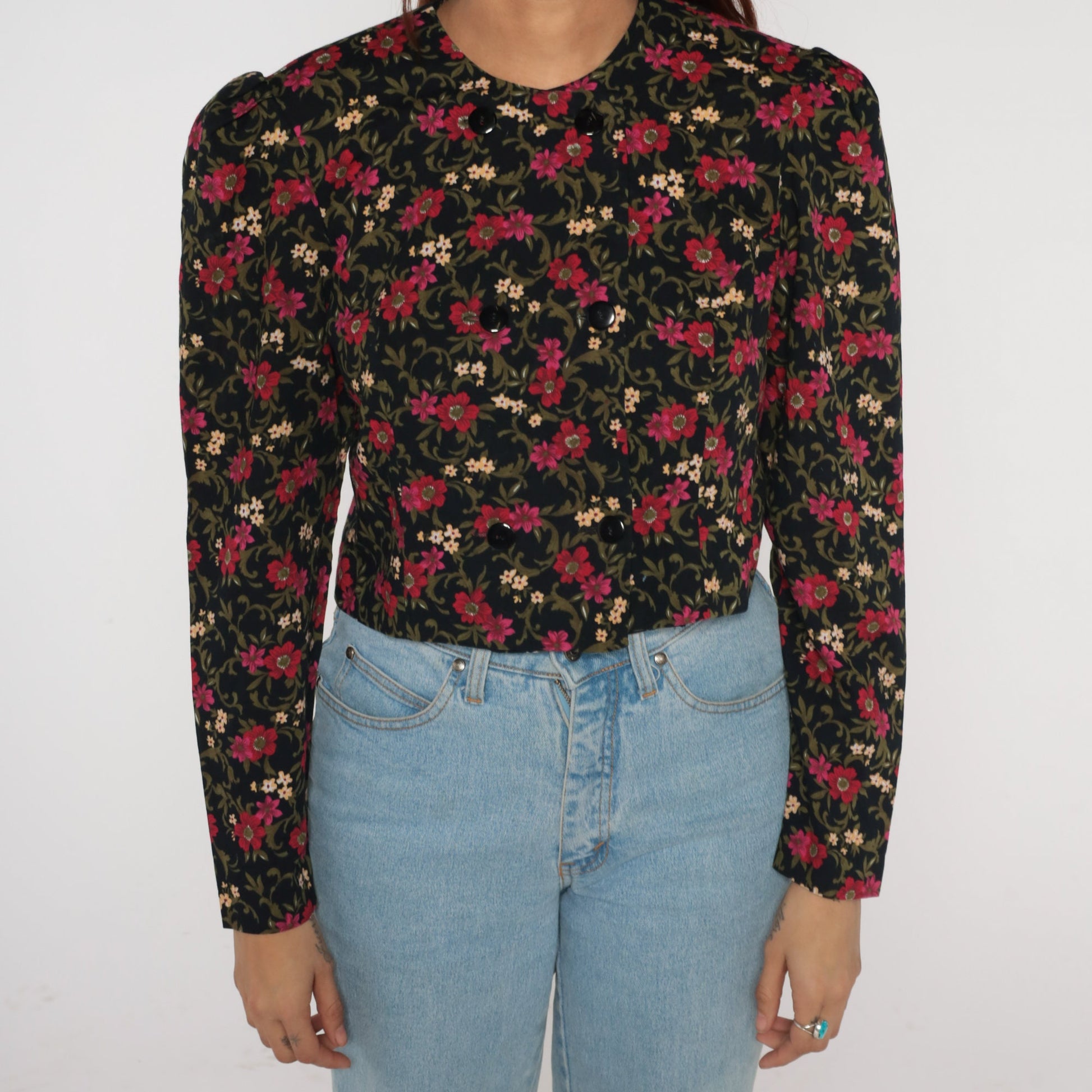 80s Black Floral Puff Sleeve Button-Up Blouse Double Breasted Medium