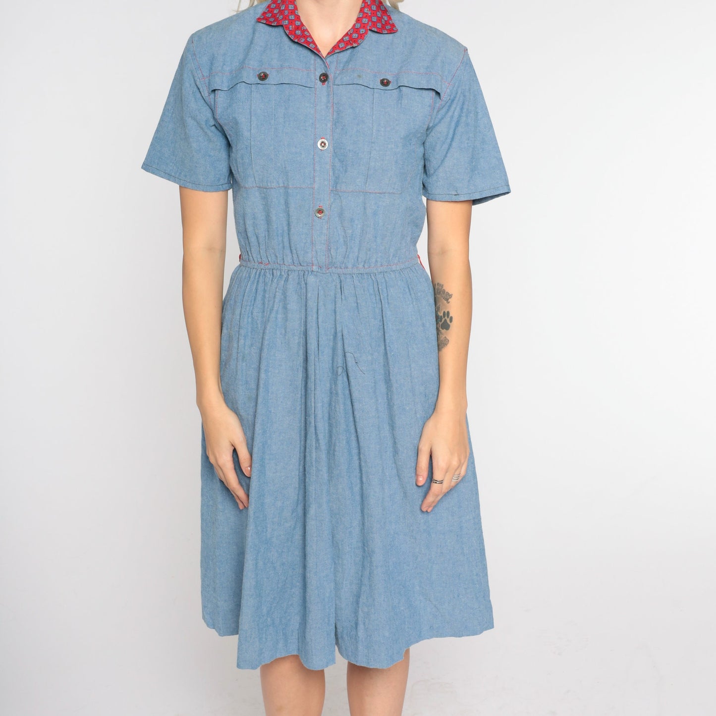80s Blue Denim Mini Dress Red Collar Button-Up High Waist Small Medium