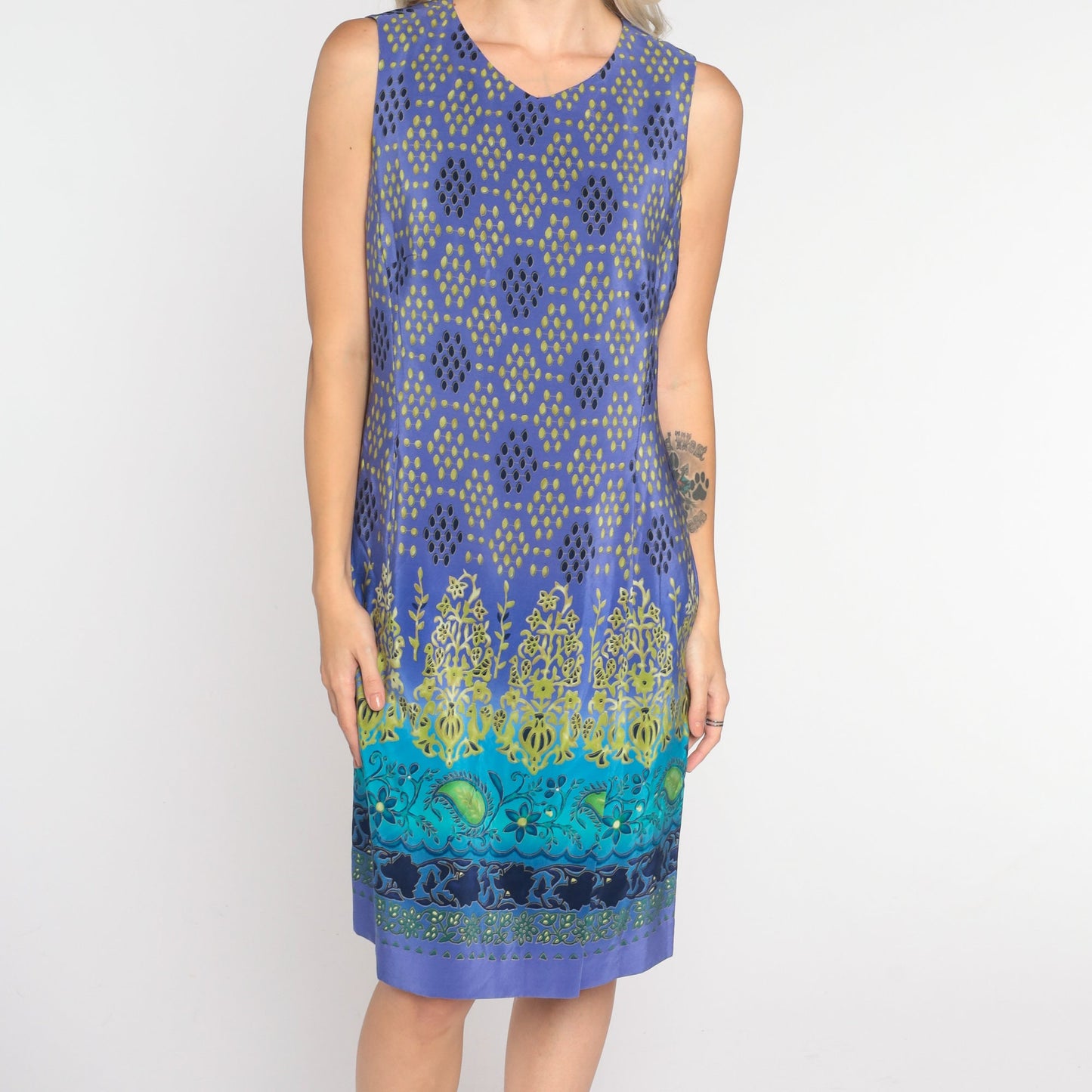 00s Purple Silk Mini Dress Paisley Floral Print Sheath Sleeveless Medium