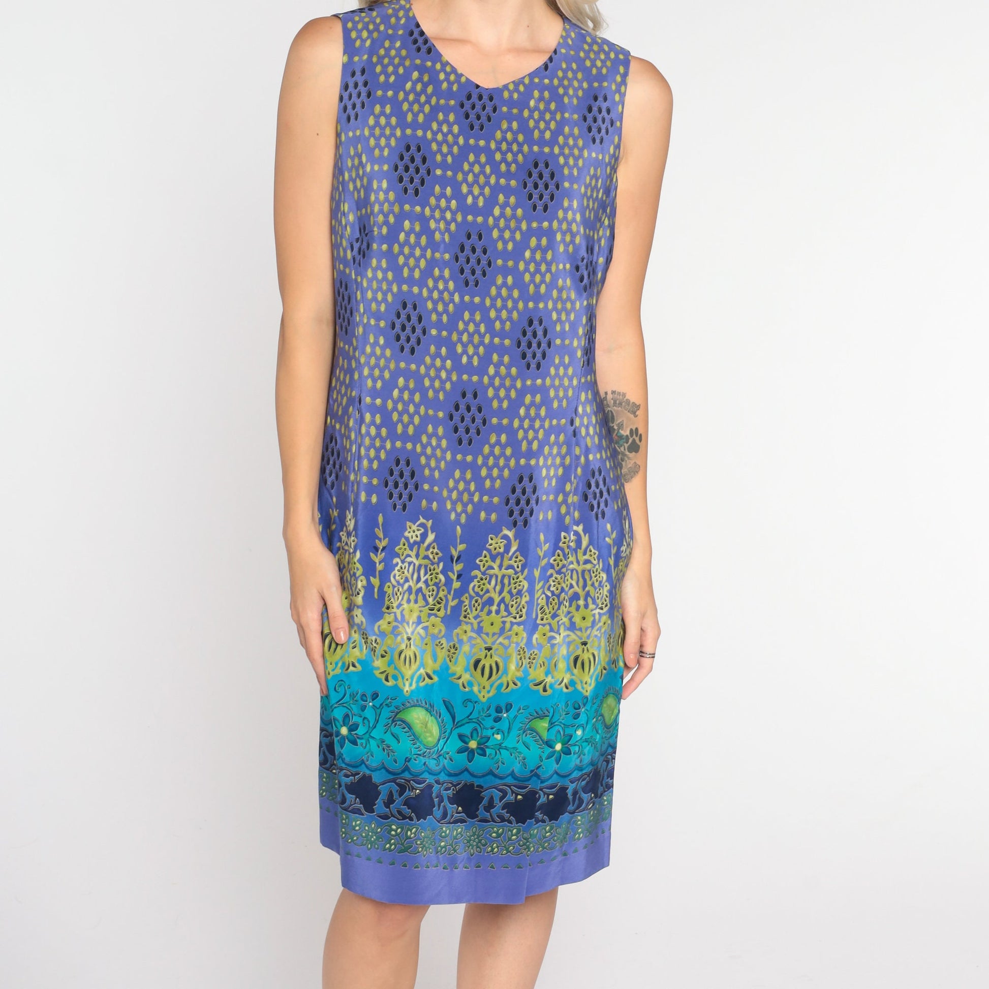 00s Purple Silk Mini Dress Paisley Floral Print Sheath Sleeveless Medium