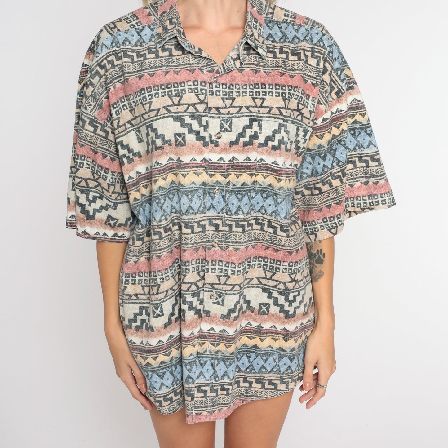 90s Geometric Striped Cotton Button-Up Shirt Mens Large L