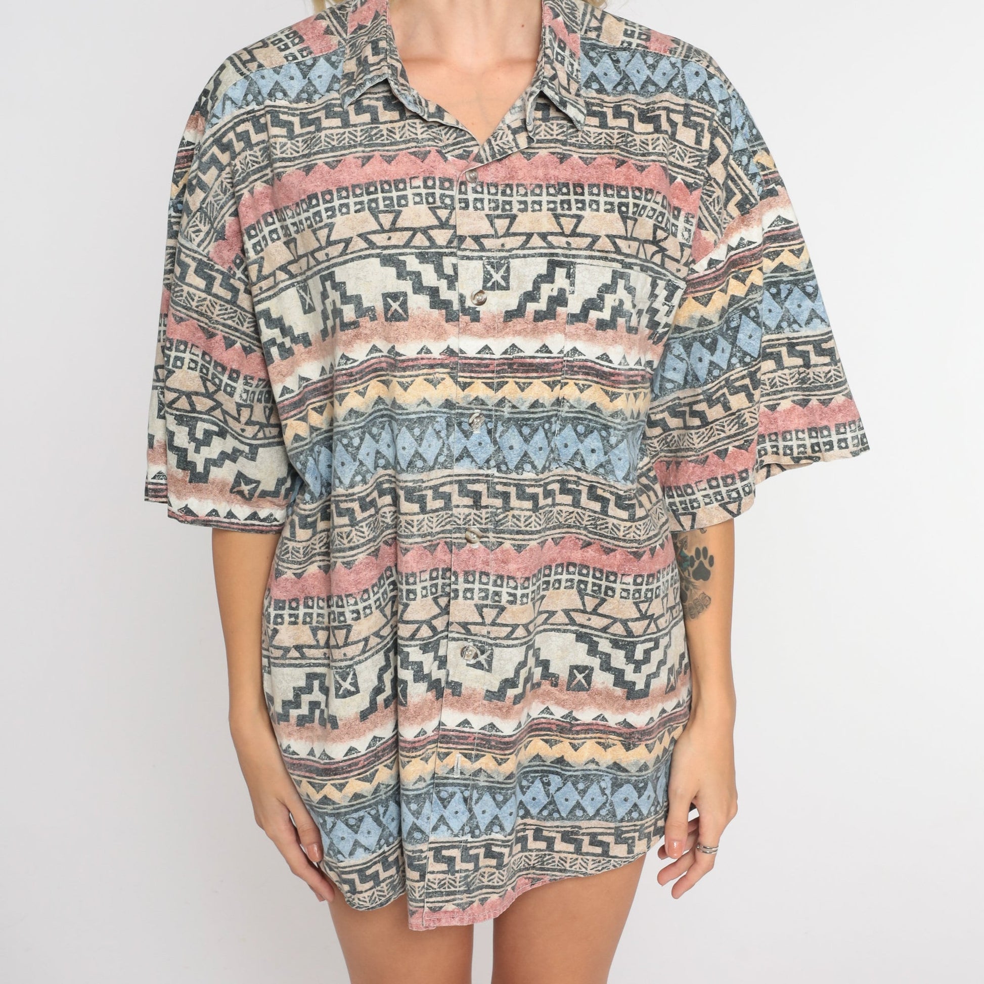 90s Geometric Striped Cotton Button-Up Shirt Mens Large L