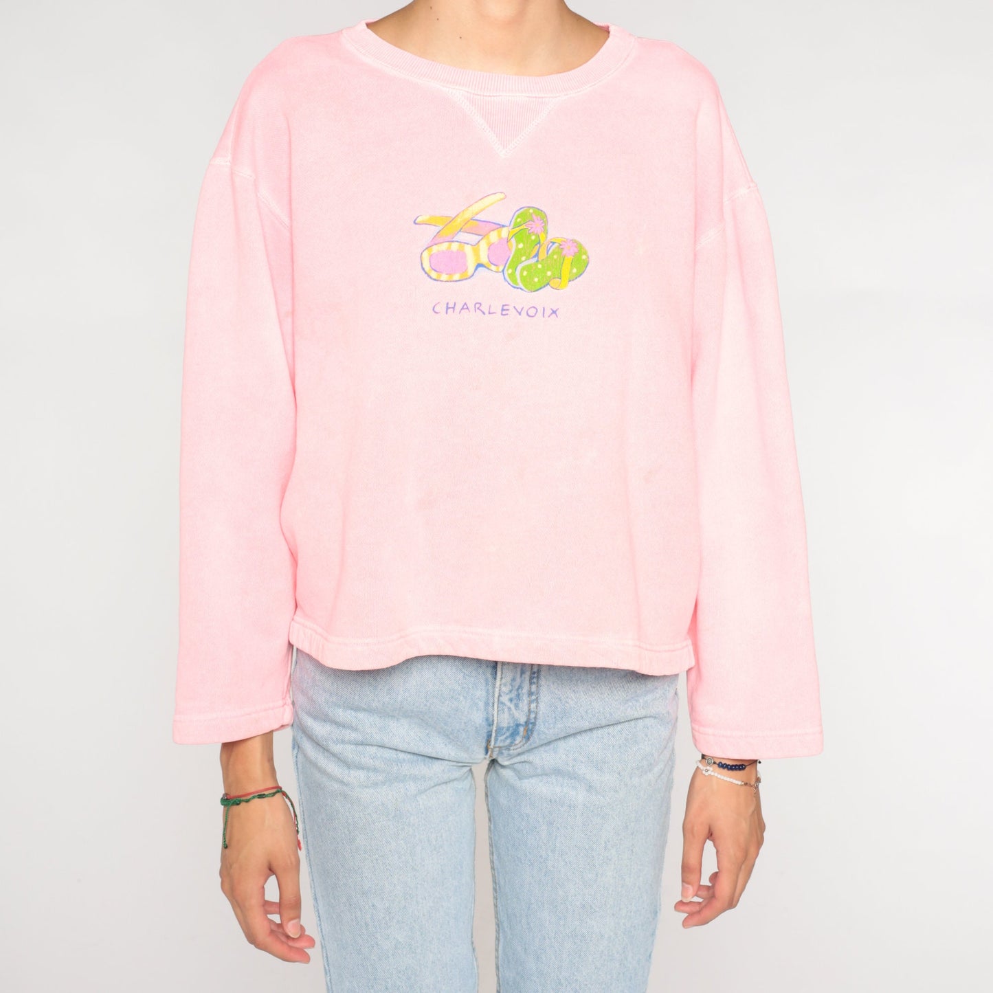 90s Charlevoix Michigan Graphic Sweatshirt Hot Pink Crewneck Medium