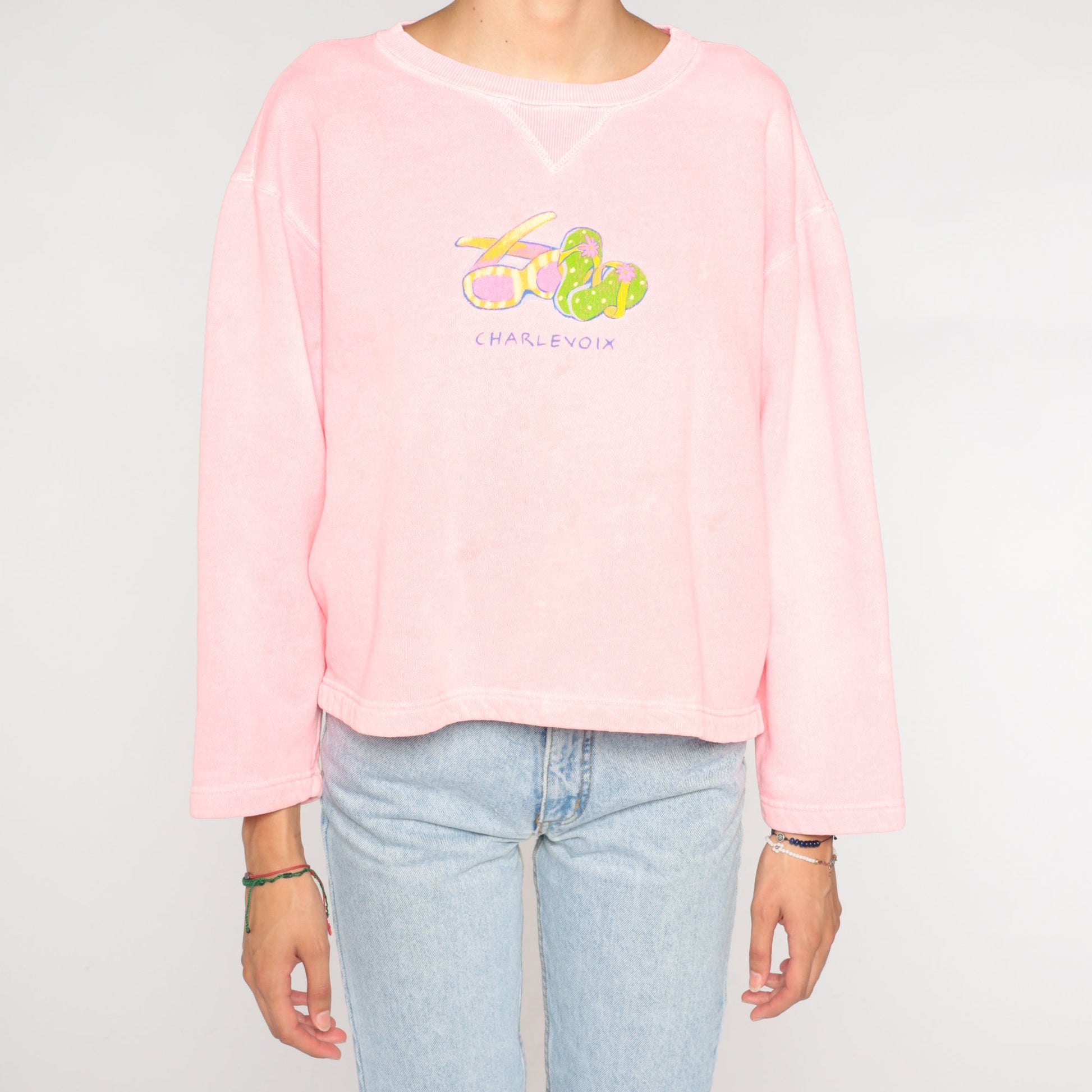 90s Charlevoix Michigan Graphic Sweatshirt Hot Pink Crewneck Medium