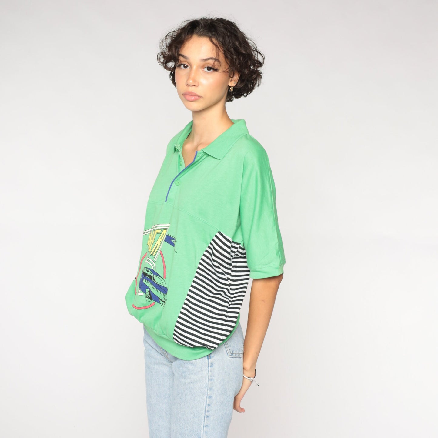 90s Le Tigre Polo Shirt Lime Green Classic Car Diner Graphic Striped Extra Large