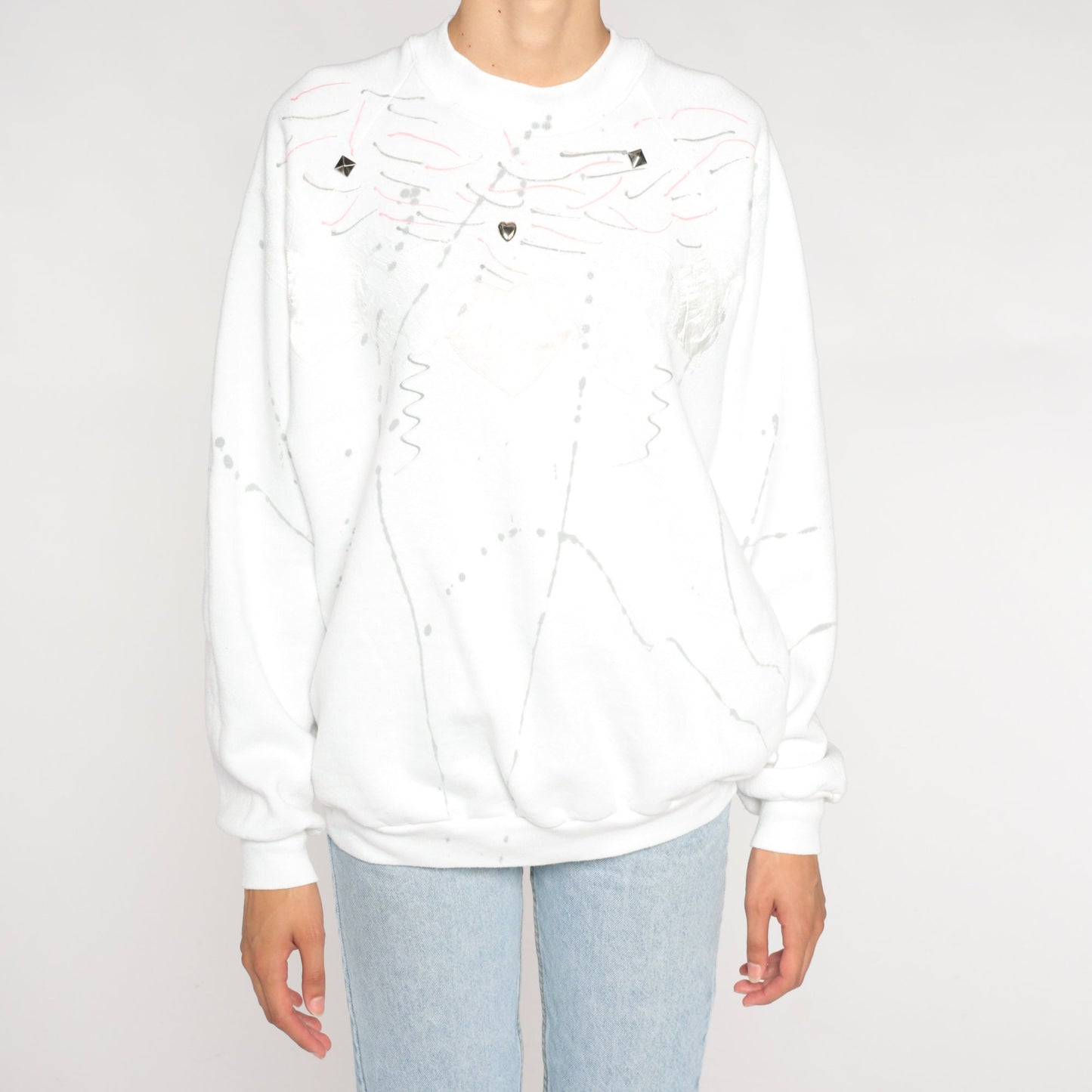 90s Jerzees White Sweatshirt Studded Abstract Painted Design Crewneck Extra Large