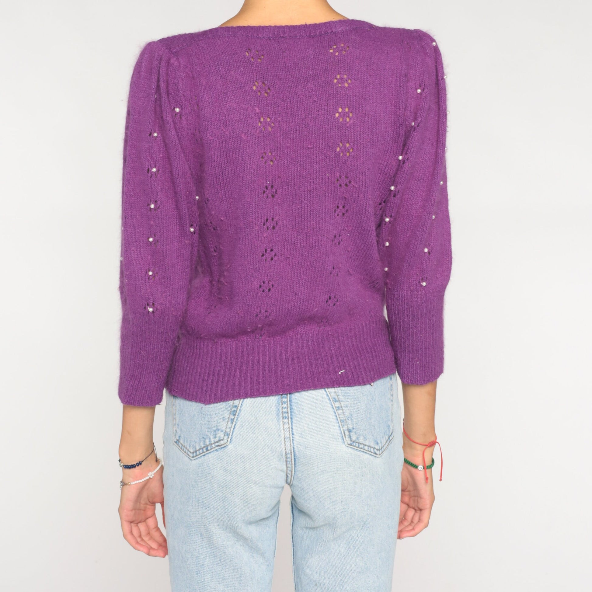 80s Purple Knit Sweater Puff Sleeve Pearl Beaded Cutout Silk Angora Small