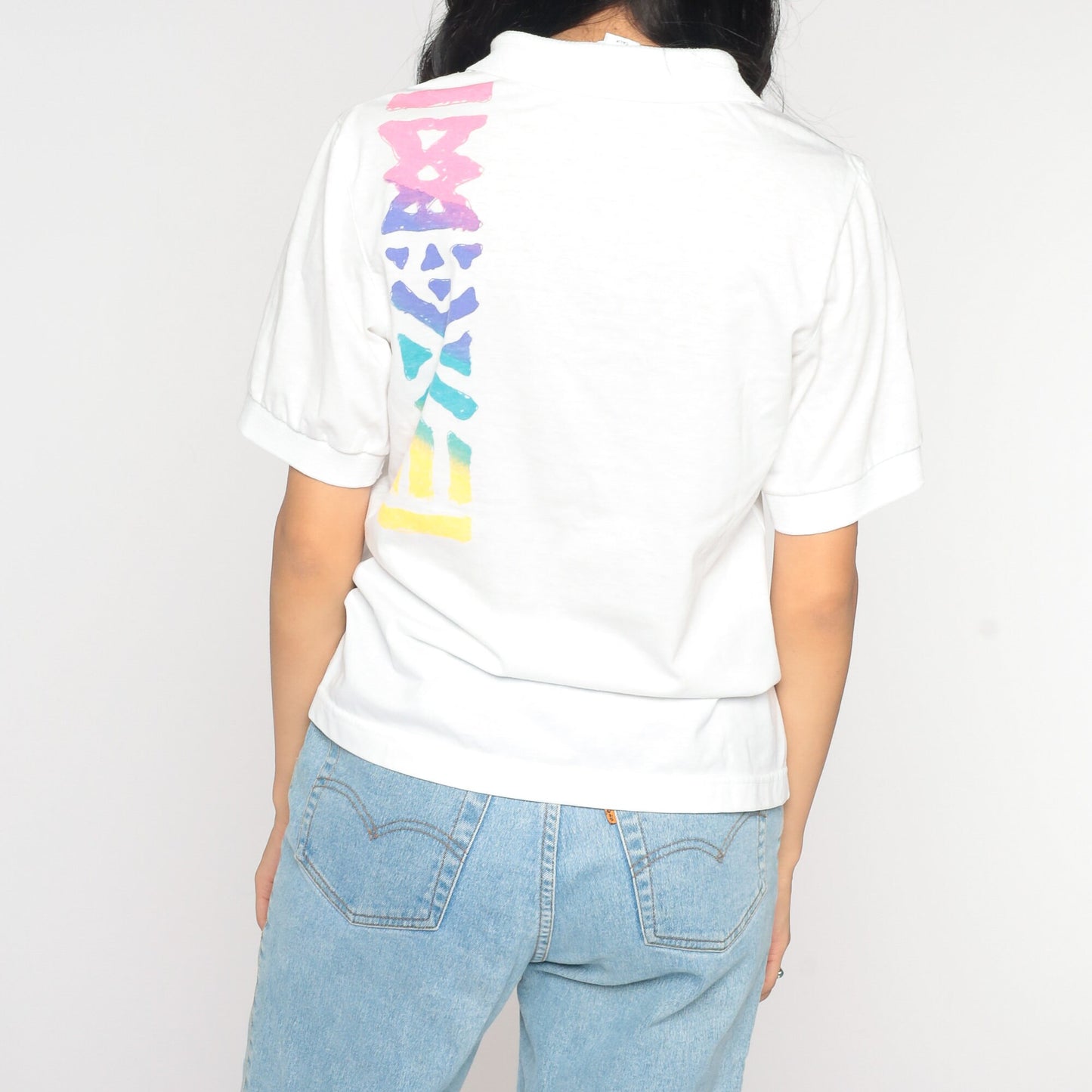 80s White Neon Geometric Polo Shirt Half Button Collared Small