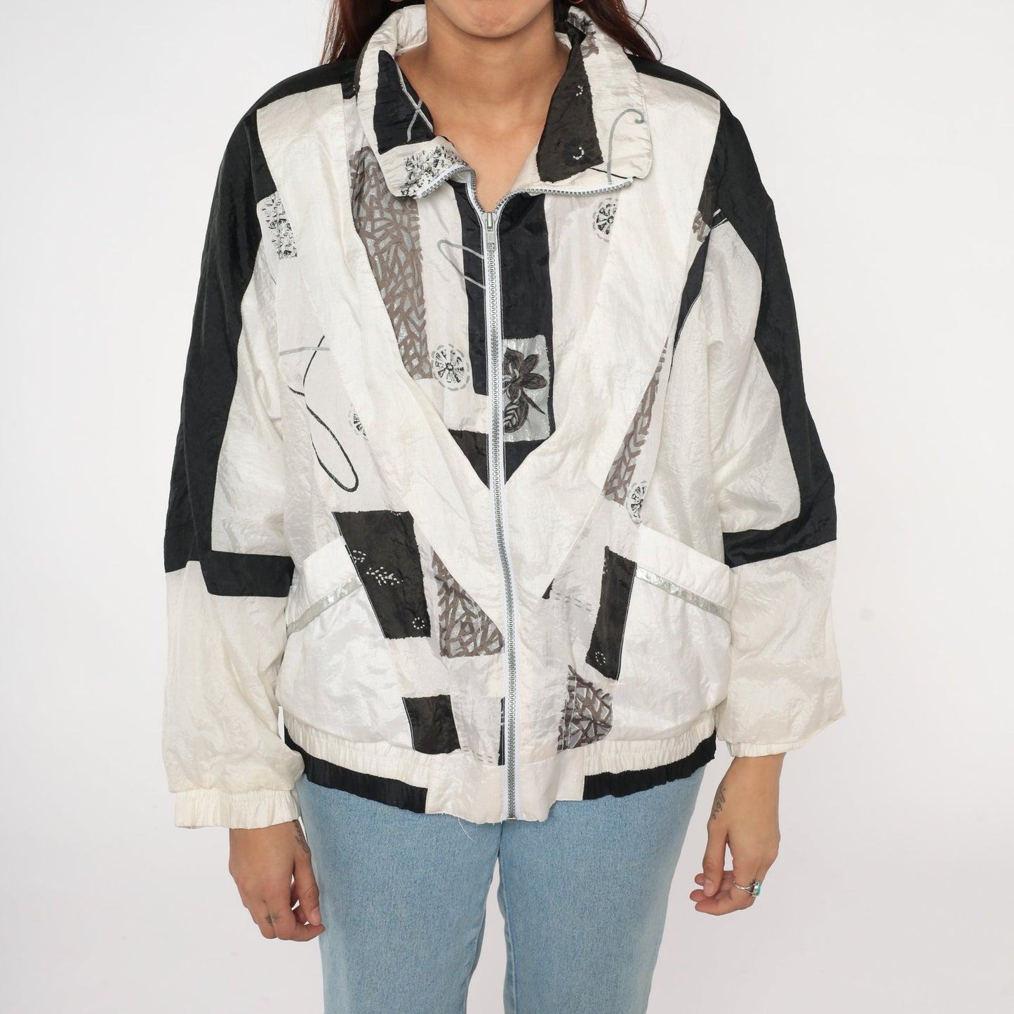 90s Abstract Floral Windbreaker Black White Nylon Zip Jacket Large L