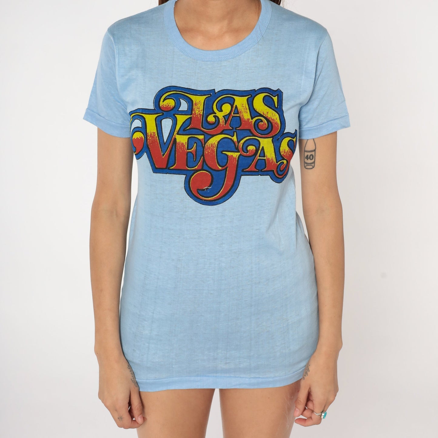80s Las Vegas Graphic T-Shirt Baby Blue Single Stitch Cotton Small