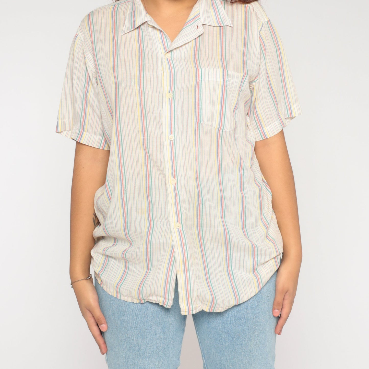 80s Striped Button-Up Shirt White Cotton Short Sleeve Collared Top Large