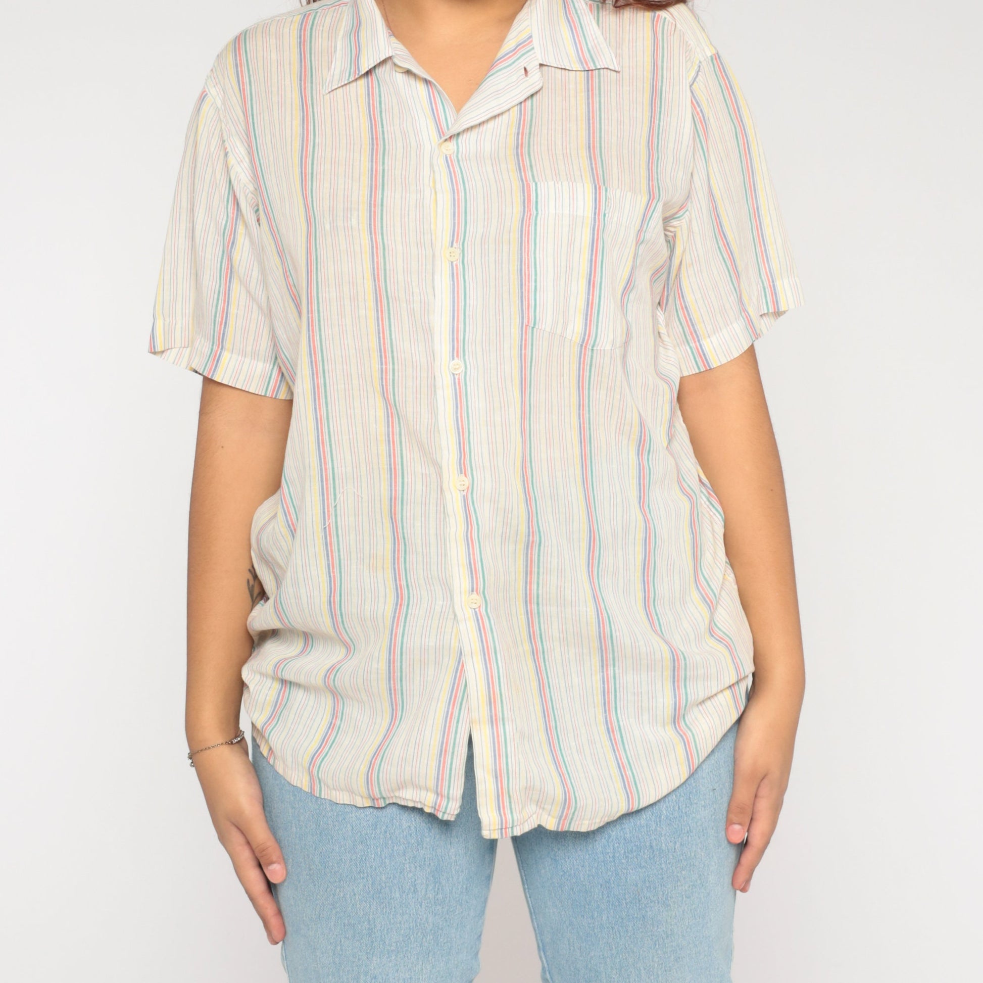 80s Striped Button-Up Shirt White Cotton Short Sleeve Collared Top Large