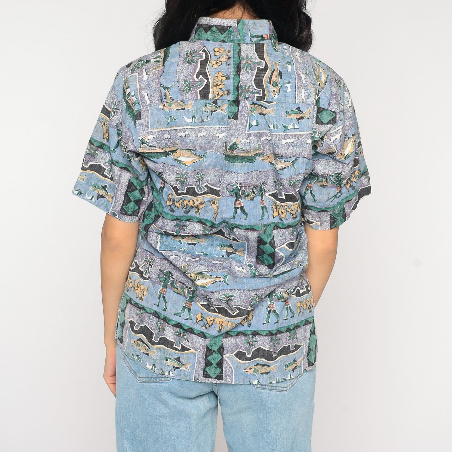Y2K Tropical Fishing Island Print Button-Up Shirt Purple Blue Cotton Extra Small