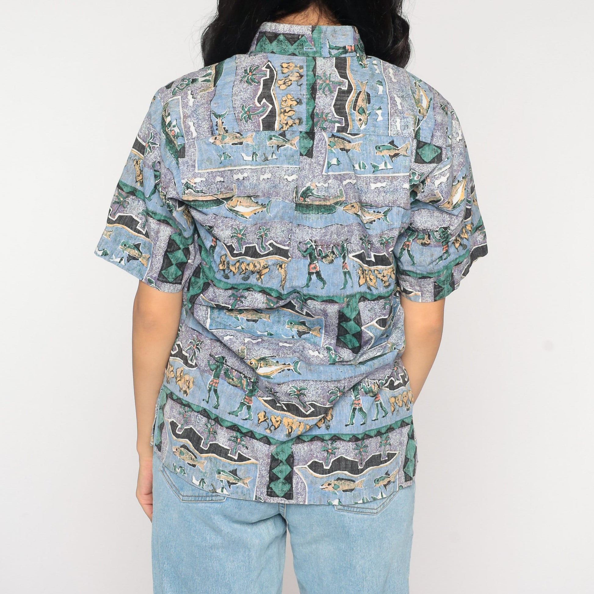 Y2K Tropical Fishing Island Print Button-Up Shirt Purple Blue Cotton Extra Small