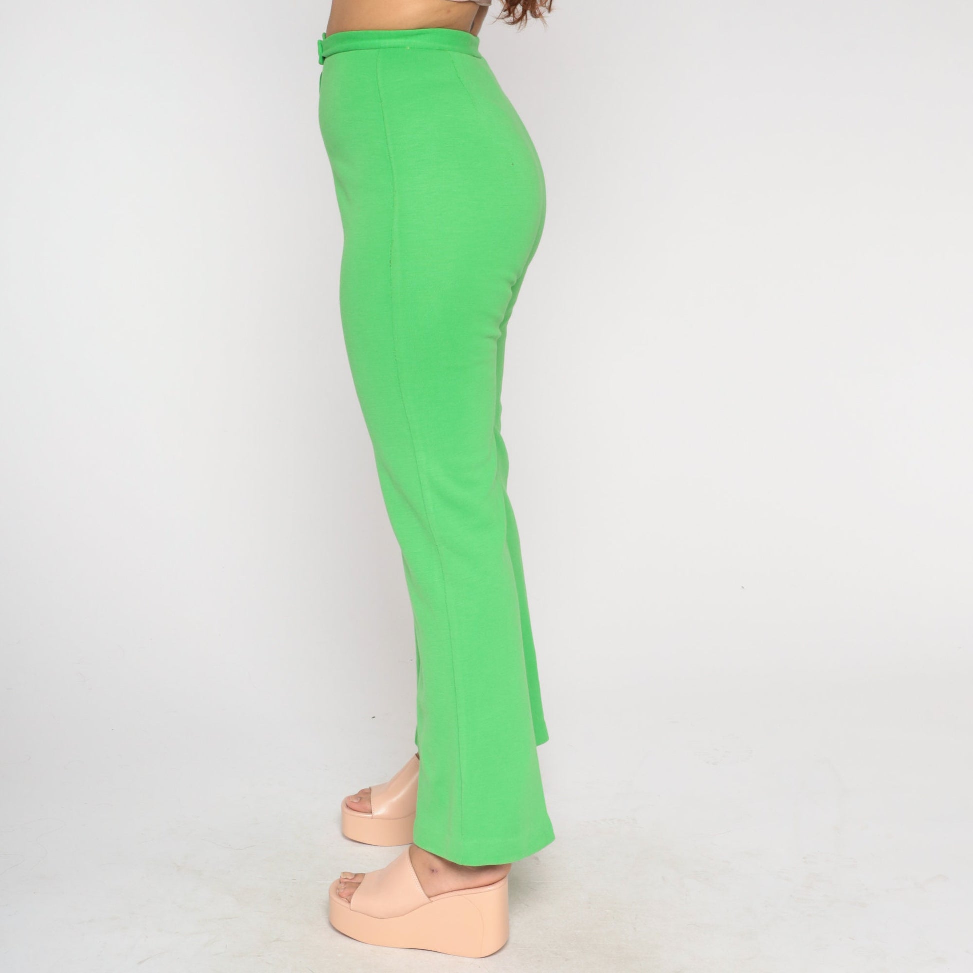 70s Lime Green Bell Bottom Pants High Waist Flared Trousers Small S