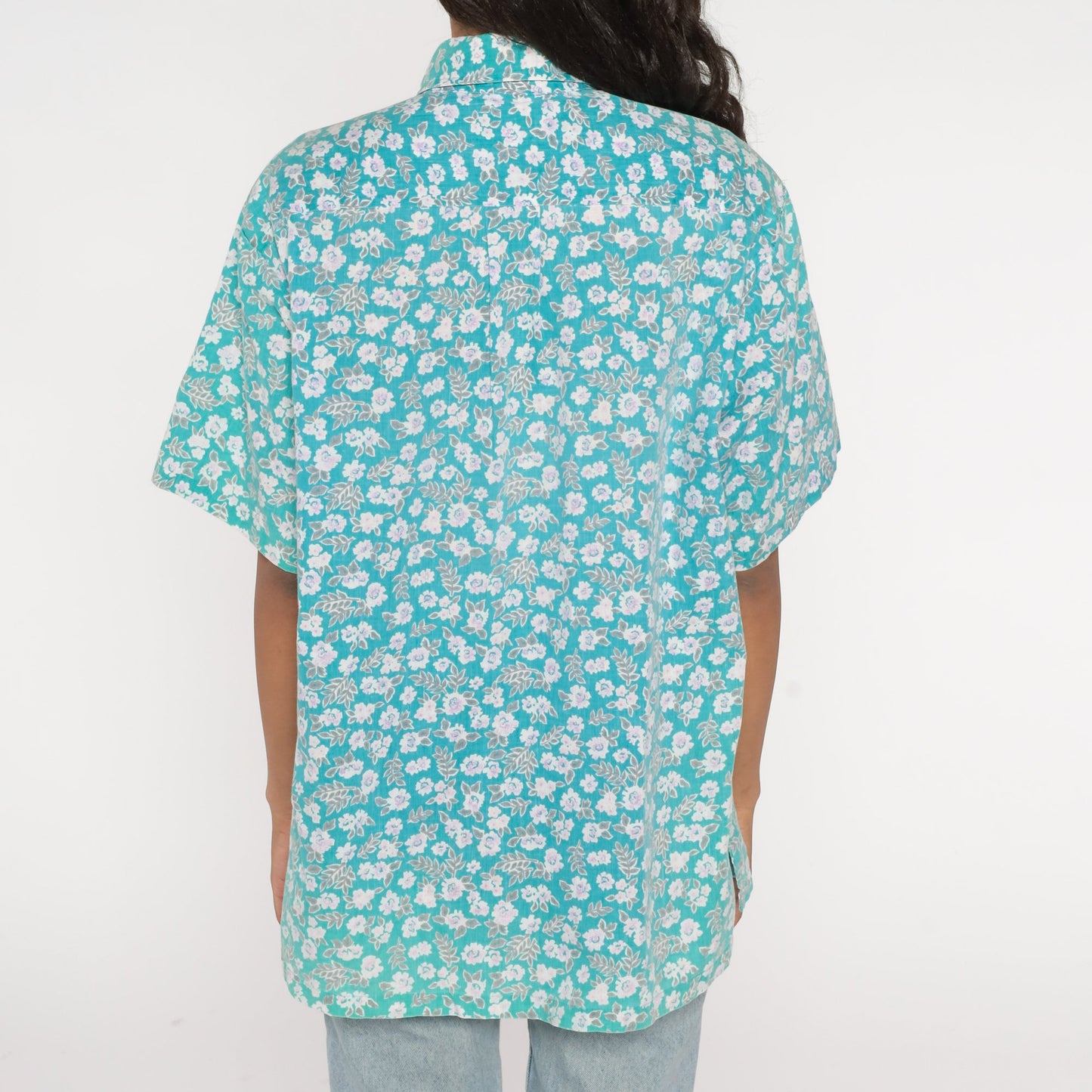 90s Blue Floral Half-Button Shirt Short Sleeve Collared Cotton Blend Large