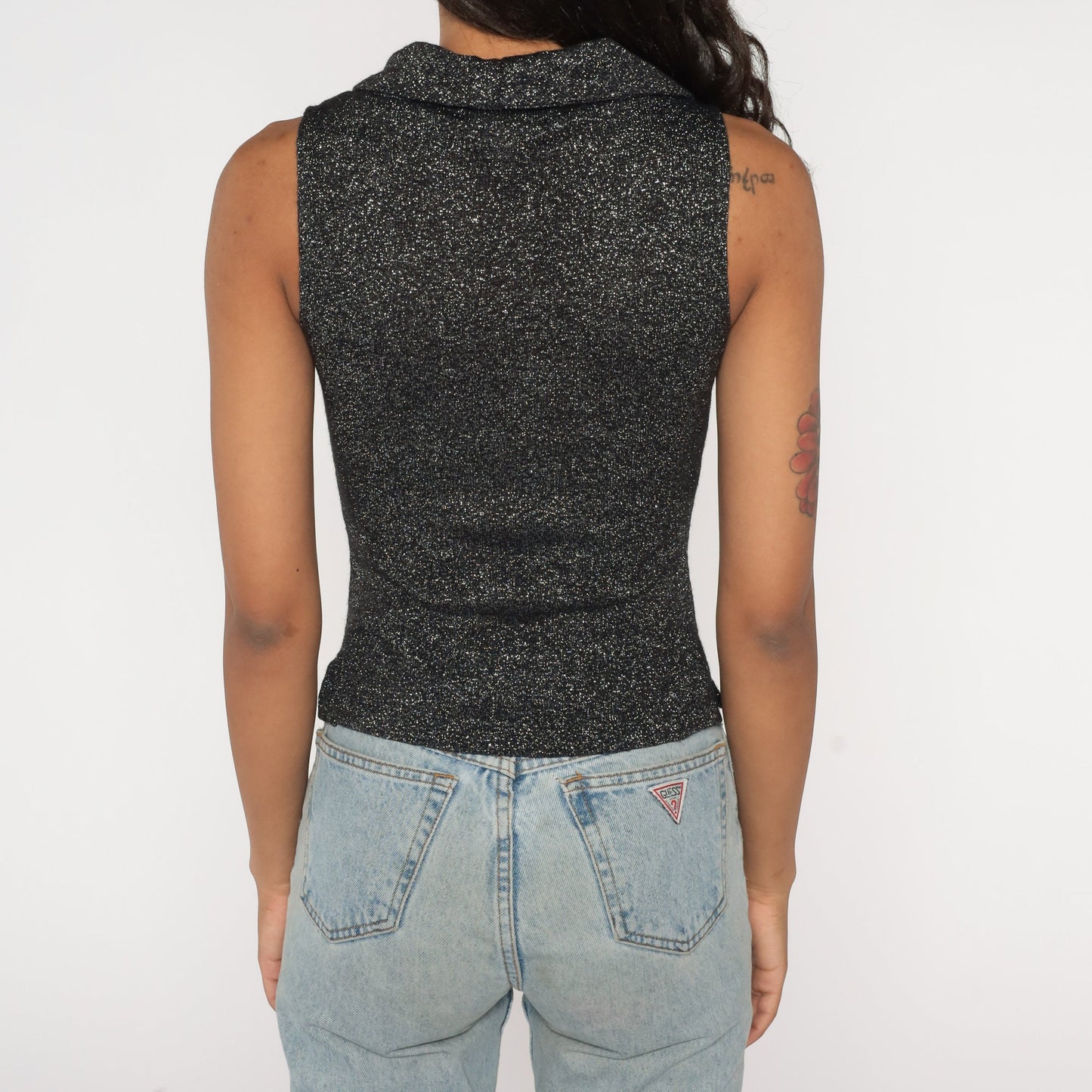 90s Metallic Black Cowl Neck Tank Top Sleeveless Blouse Small S