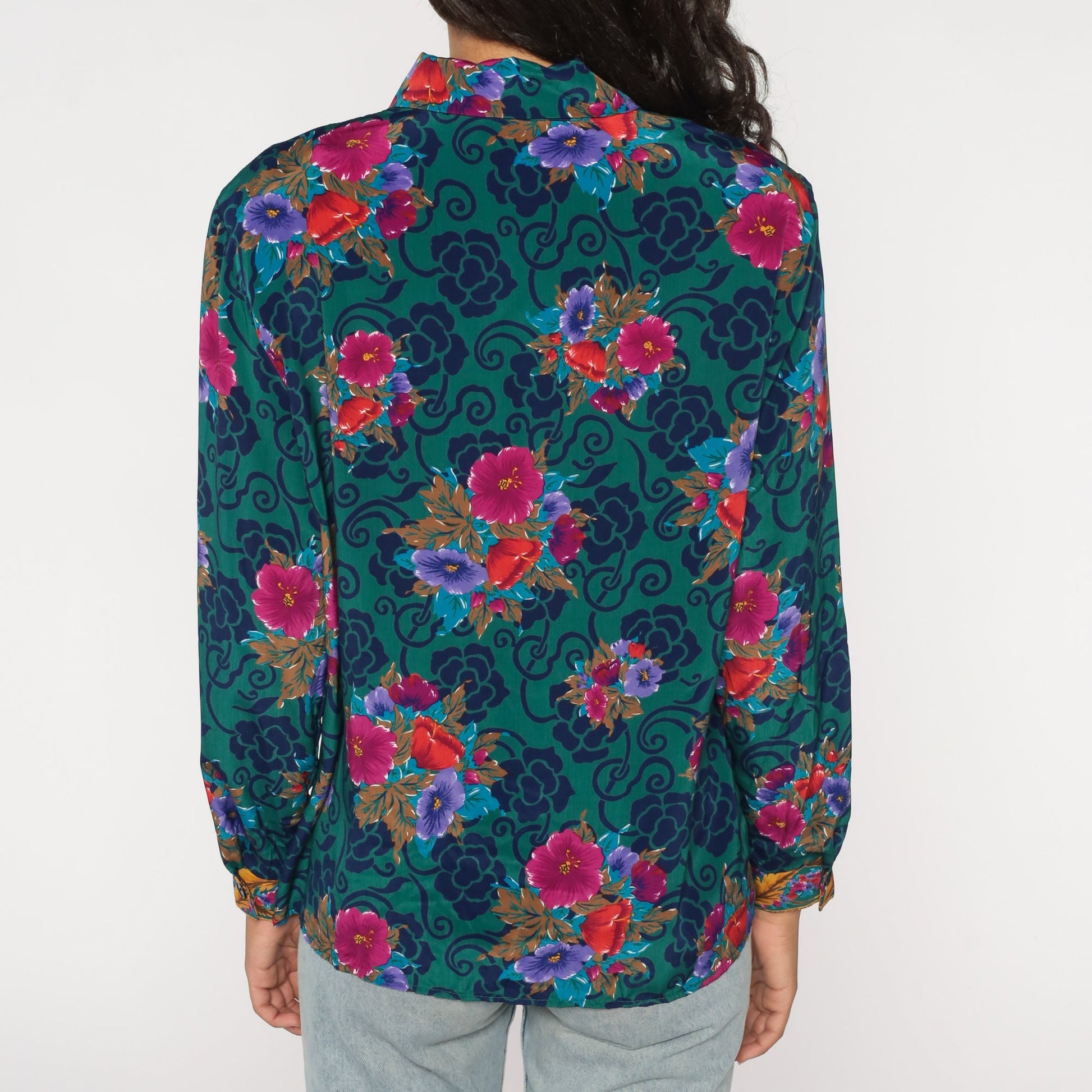 90s Baroque Floral Green Button-Up Blouse Long Sleeve Medium M