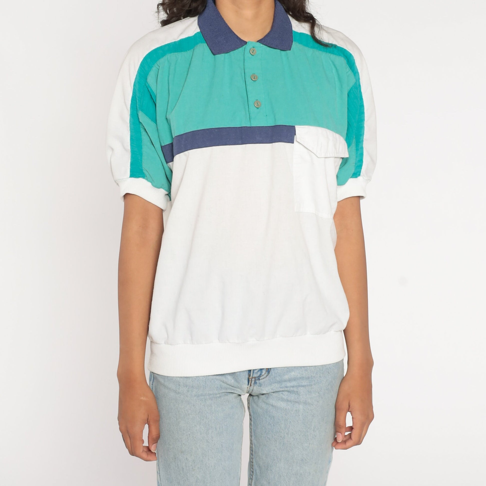 90s Striped Polo Shirt Collared Color Block Short Sleeve White Blue Green Men's Small