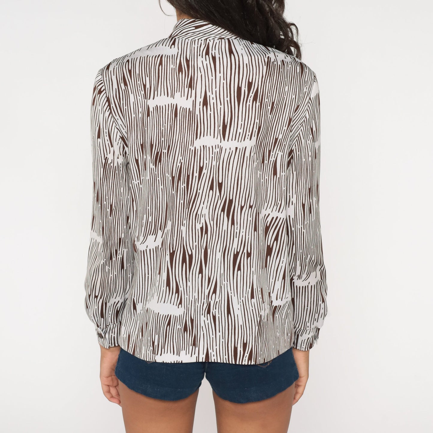 70s I. Magnin Zebra Print Ascot Blouse Long Sleeve White Brown Medium M