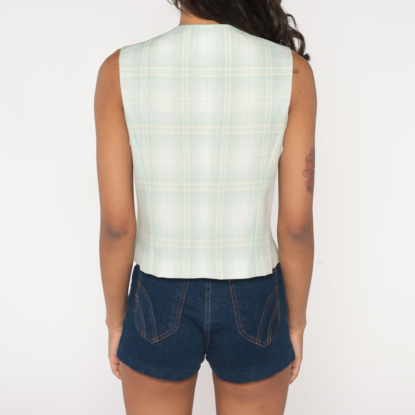 70s Green White Plaid Button-Up Vest Sleeveless Waistcoat Small