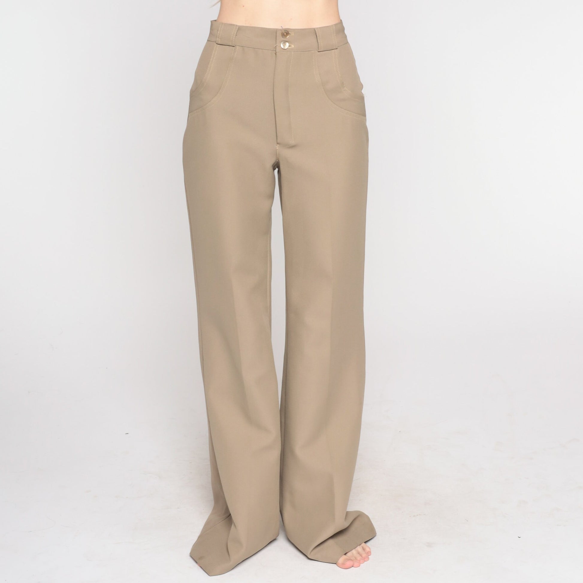 70s Taupe Bell Bottom Pants High Waist Flared Trousers Extra Small