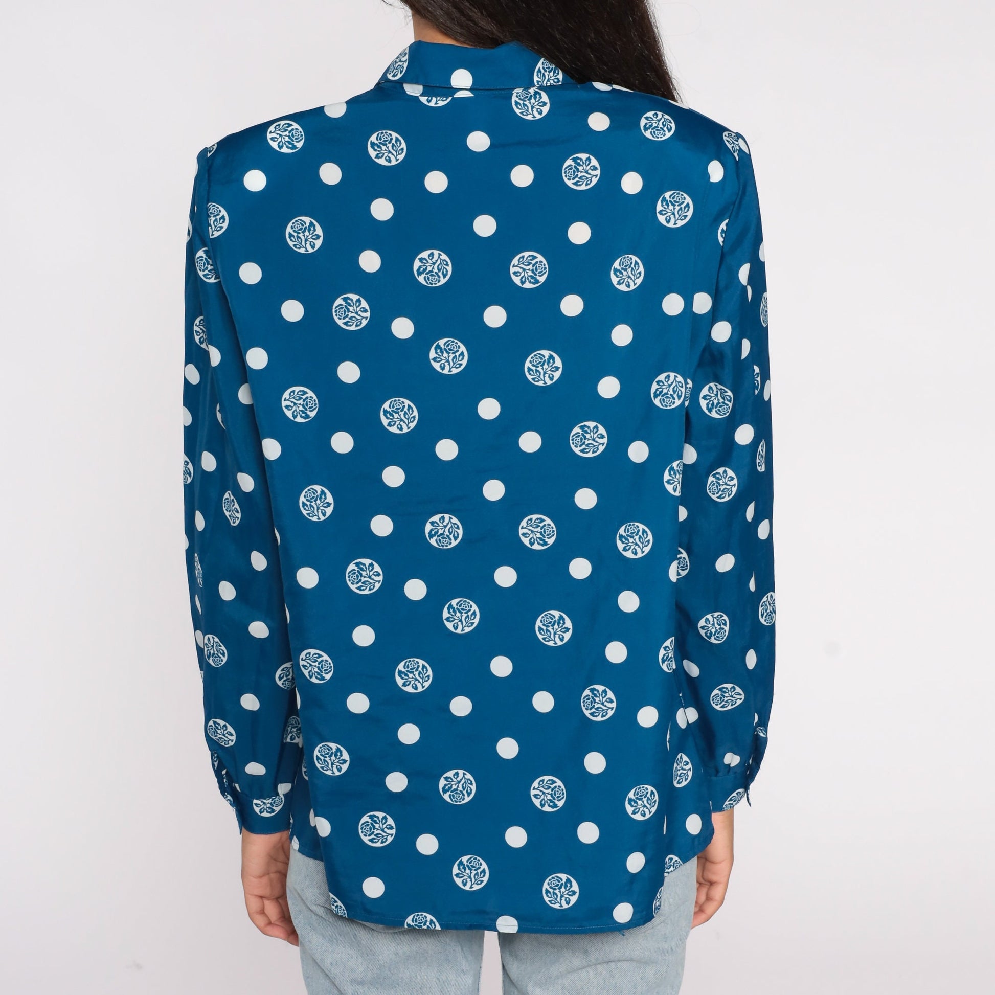 80s Blue Floral Polka Dot Jabot Blouse Button Up Long Sleeve Large L