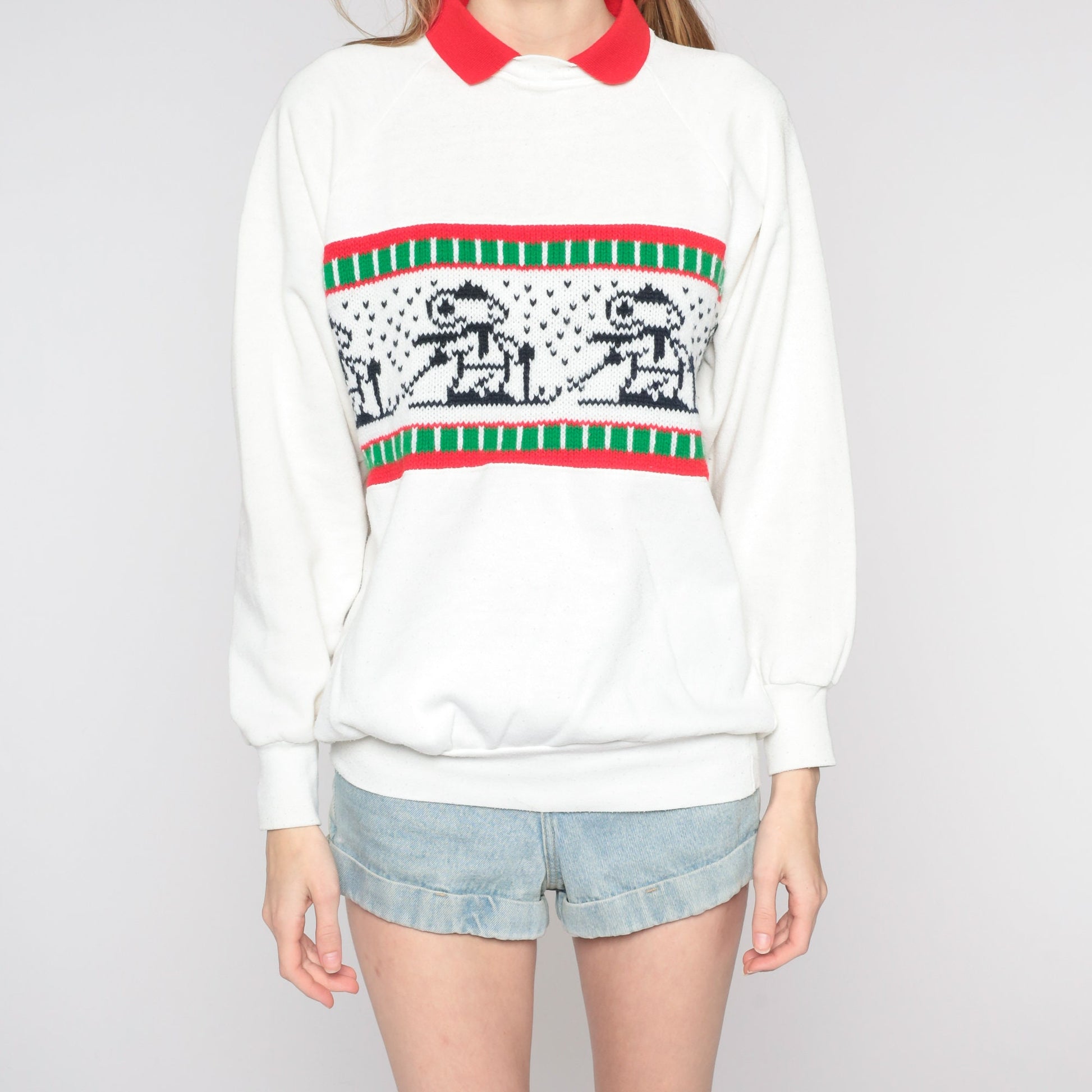 80s Mouse Ski Sweatshirt White Collared Graphic Raglan Large L