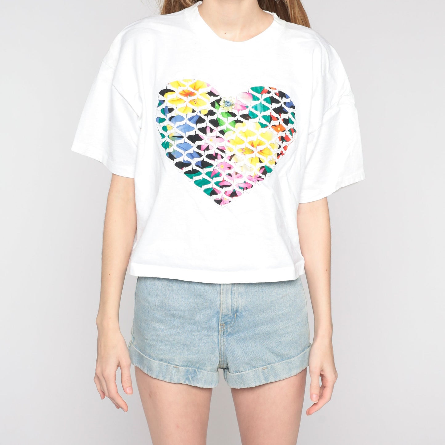 90s Floral Heart Graphic T-Shirt White Single Stitch Rosette Large L