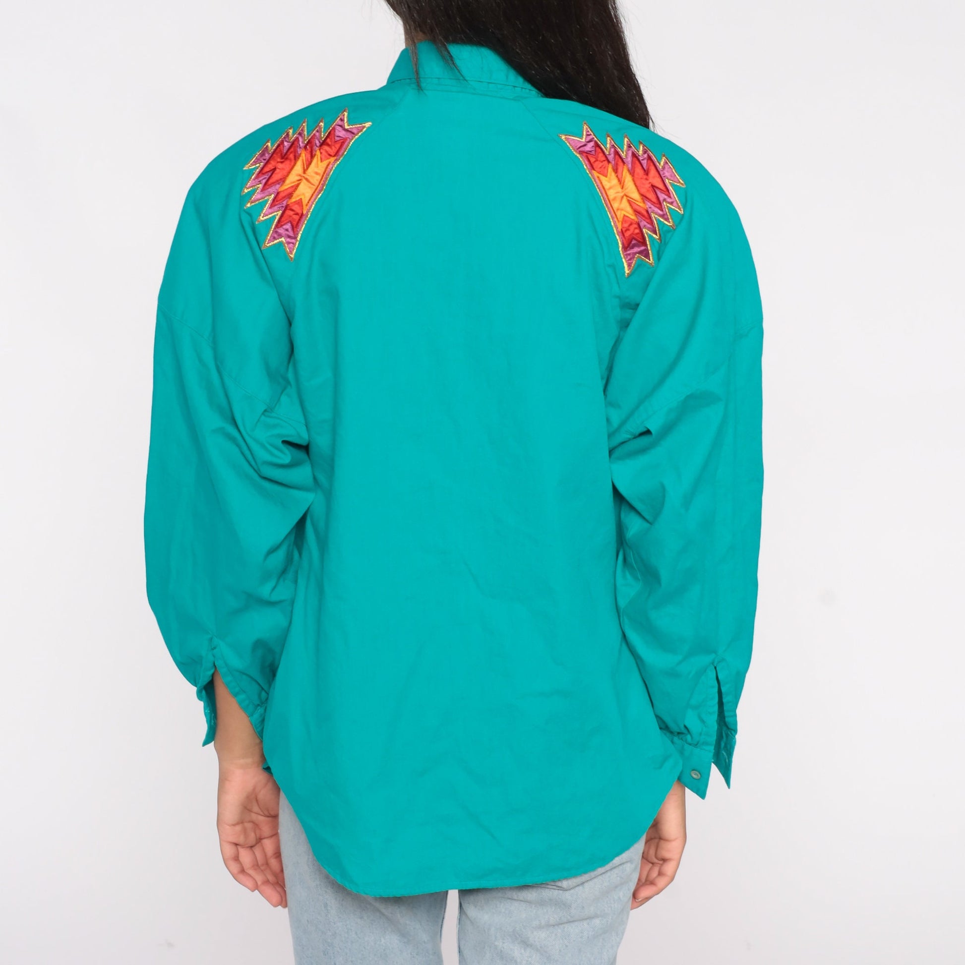 90s Wrangler Southwestern Aztec Geometric Button Up Shirt Turquoise Large L