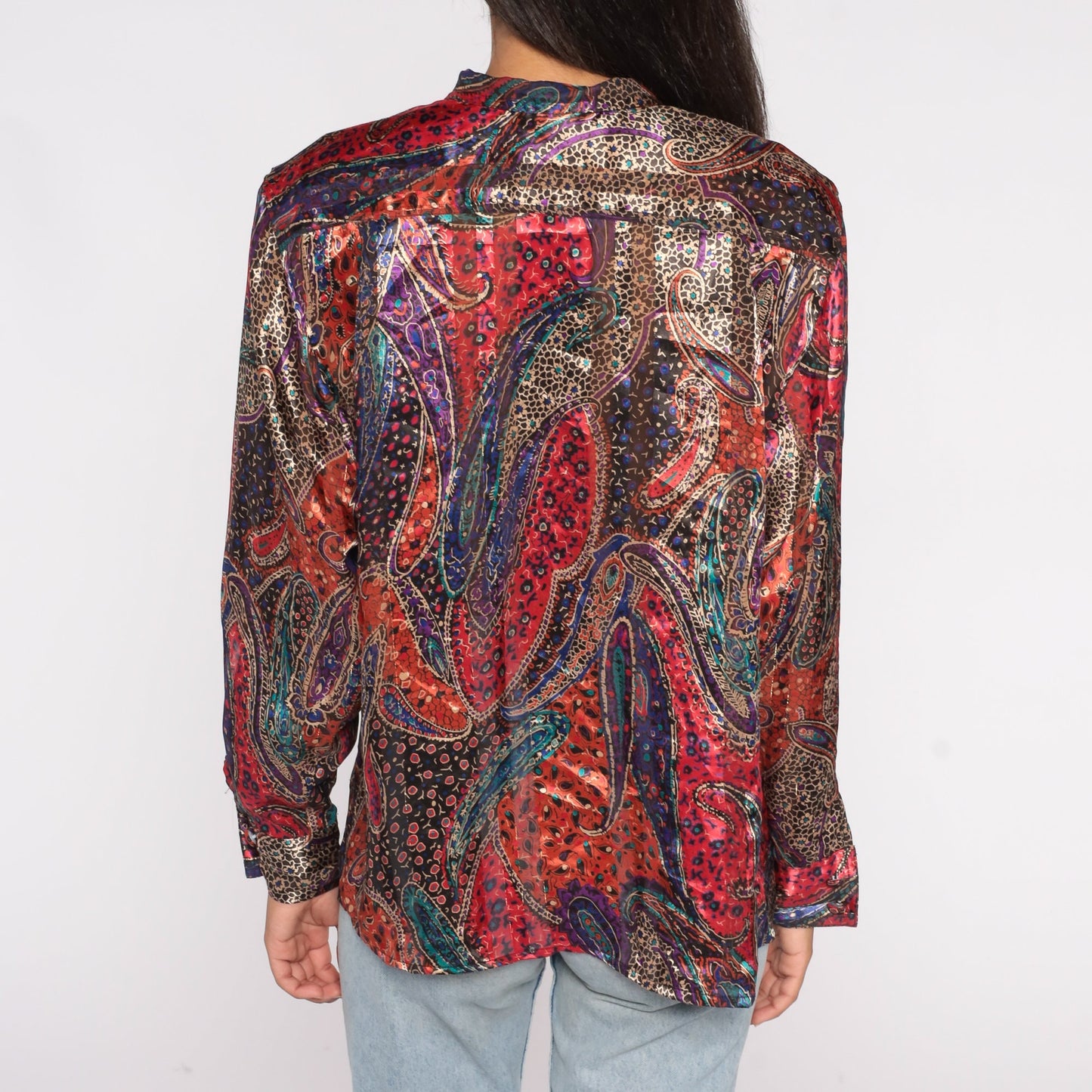 80s Paisley Button-Up Blouse Metallic Stripes Long Sleeve Shirt Size 14