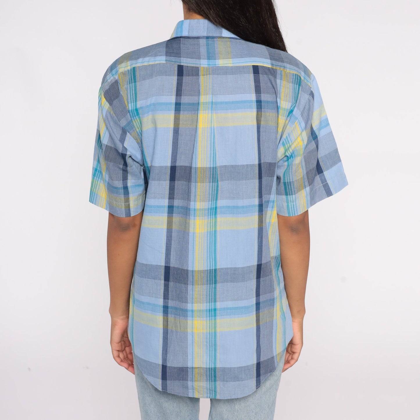 90s Valentino Chemises Blue Plaid Button-Up Shirt Short Sleeve Extra Large XL