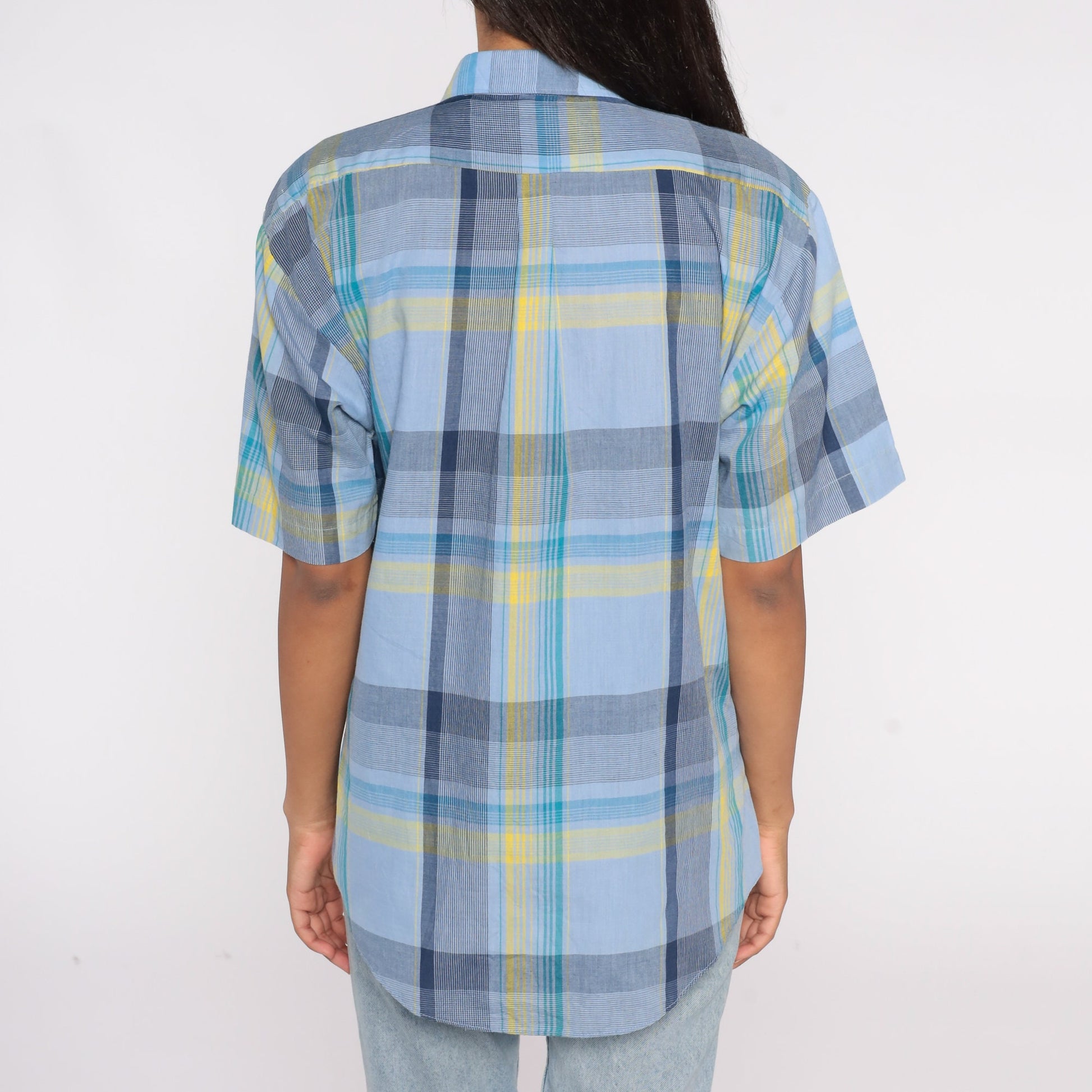 90s Valentino Chemises Blue Plaid Button-Up Shirt Short Sleeve Extra Large XL