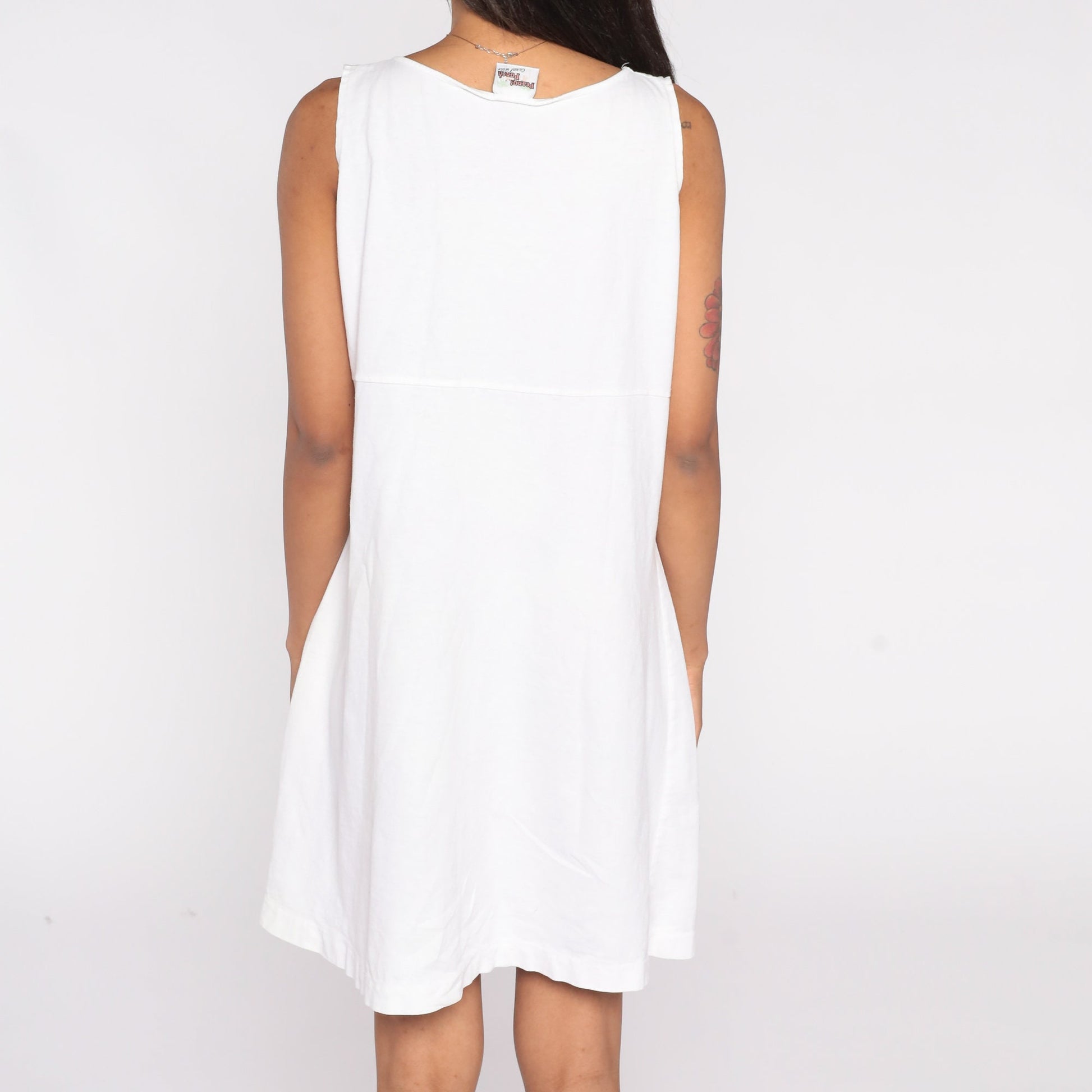 90s Tropical Fish Seashell Tank Dress White Cotton Empire Waist Large
