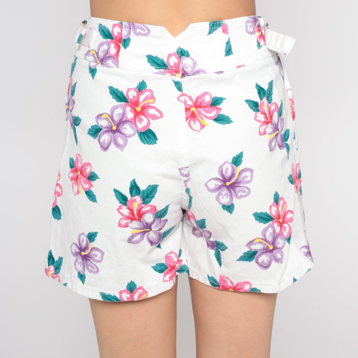90s Hawaiian Floral White Denim Skort High Waist Faux Wrap Mini Medium