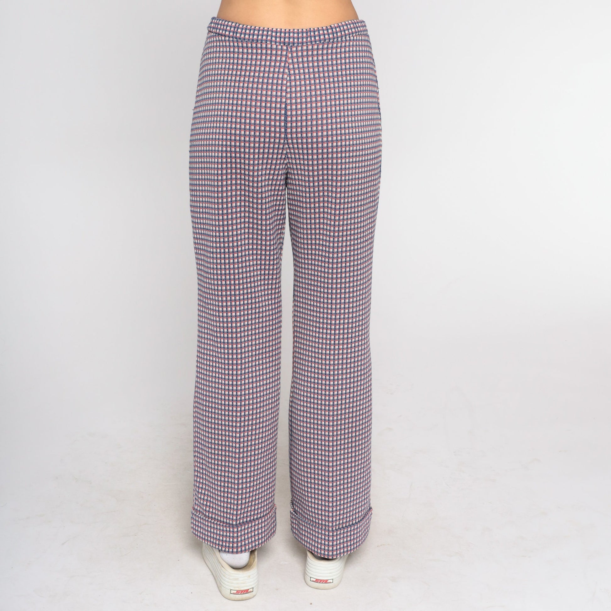 70s Checkered Bell Bottom Trousers Red White Blue High Waist Flared Pants Medium