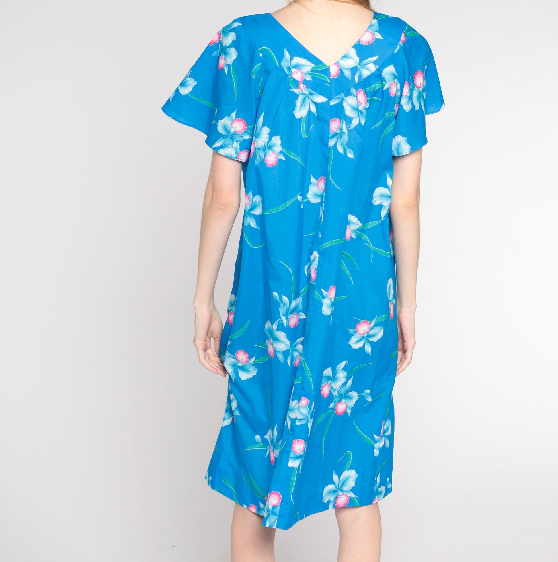 80s Blue Floral Shift Dress Flutter Sleeve Midi Large