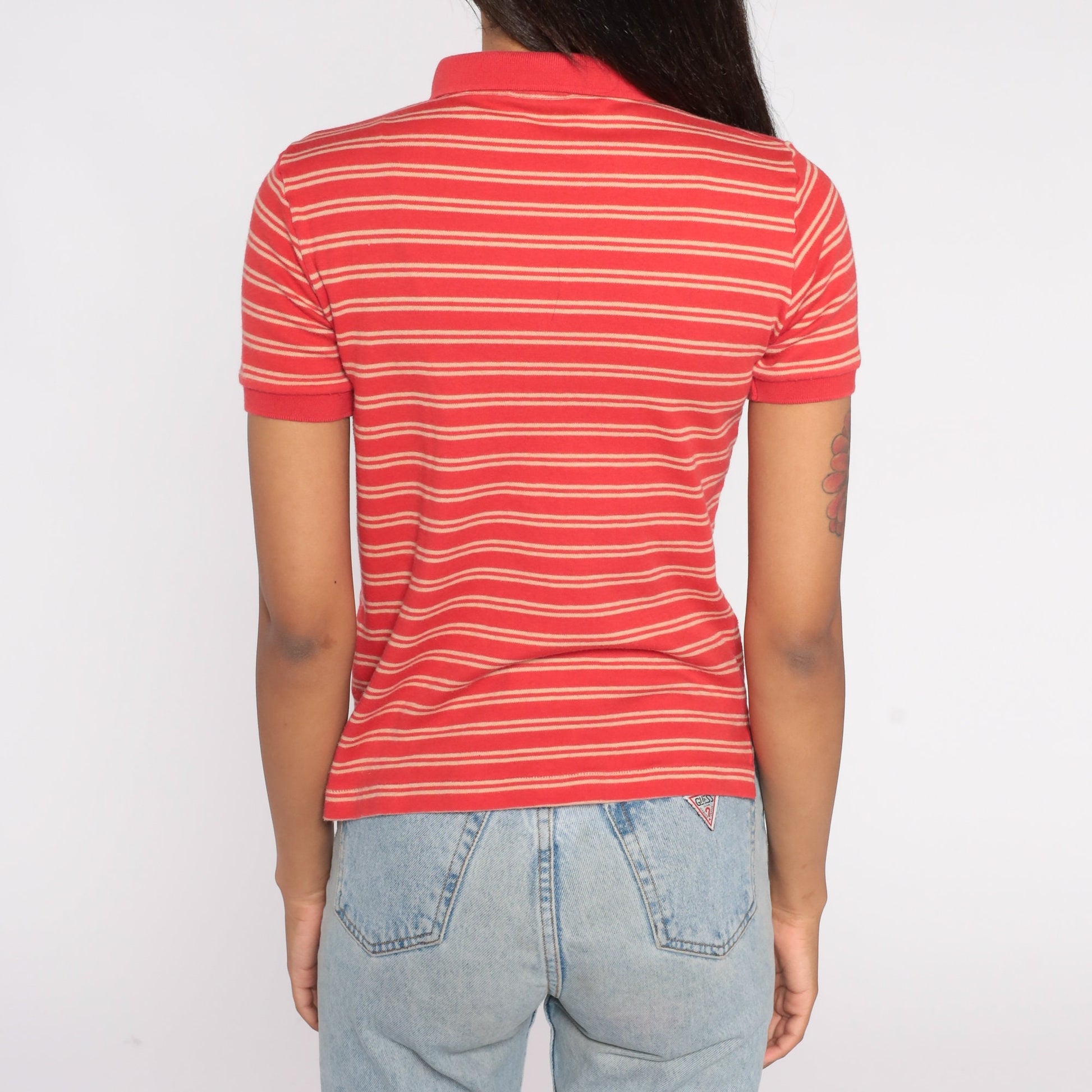 90s Polo Shirt Red Tan Striped Horse Crest Cotton Small S