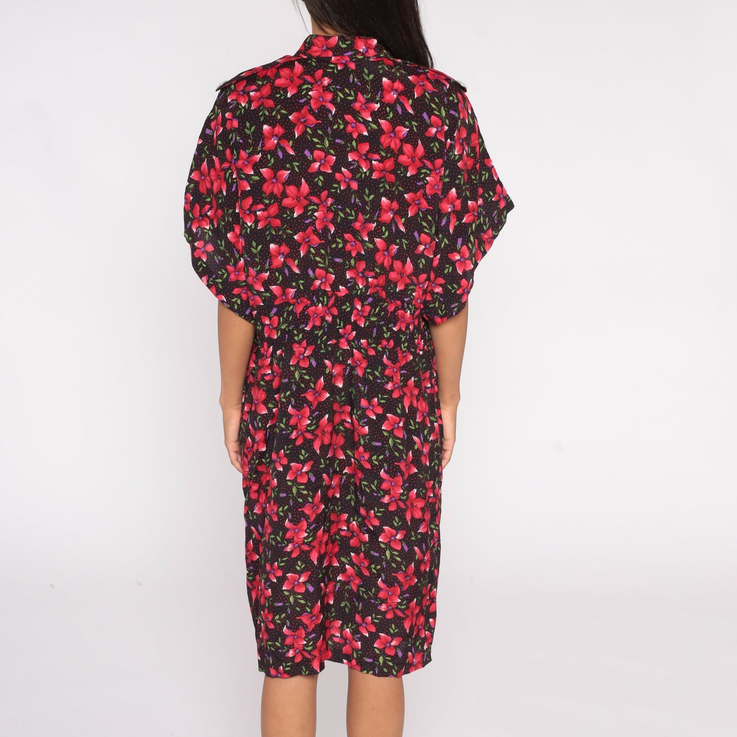 80s Floral Shirtdress Black Red Epaulette Midi Pleated Rayon Large L