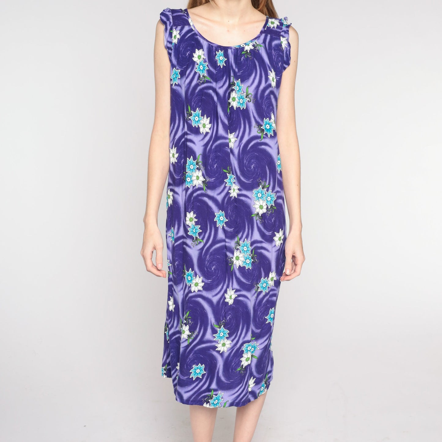 00s Purple Floral Swirl Midi Shift Dress Cap Sleeve Large L