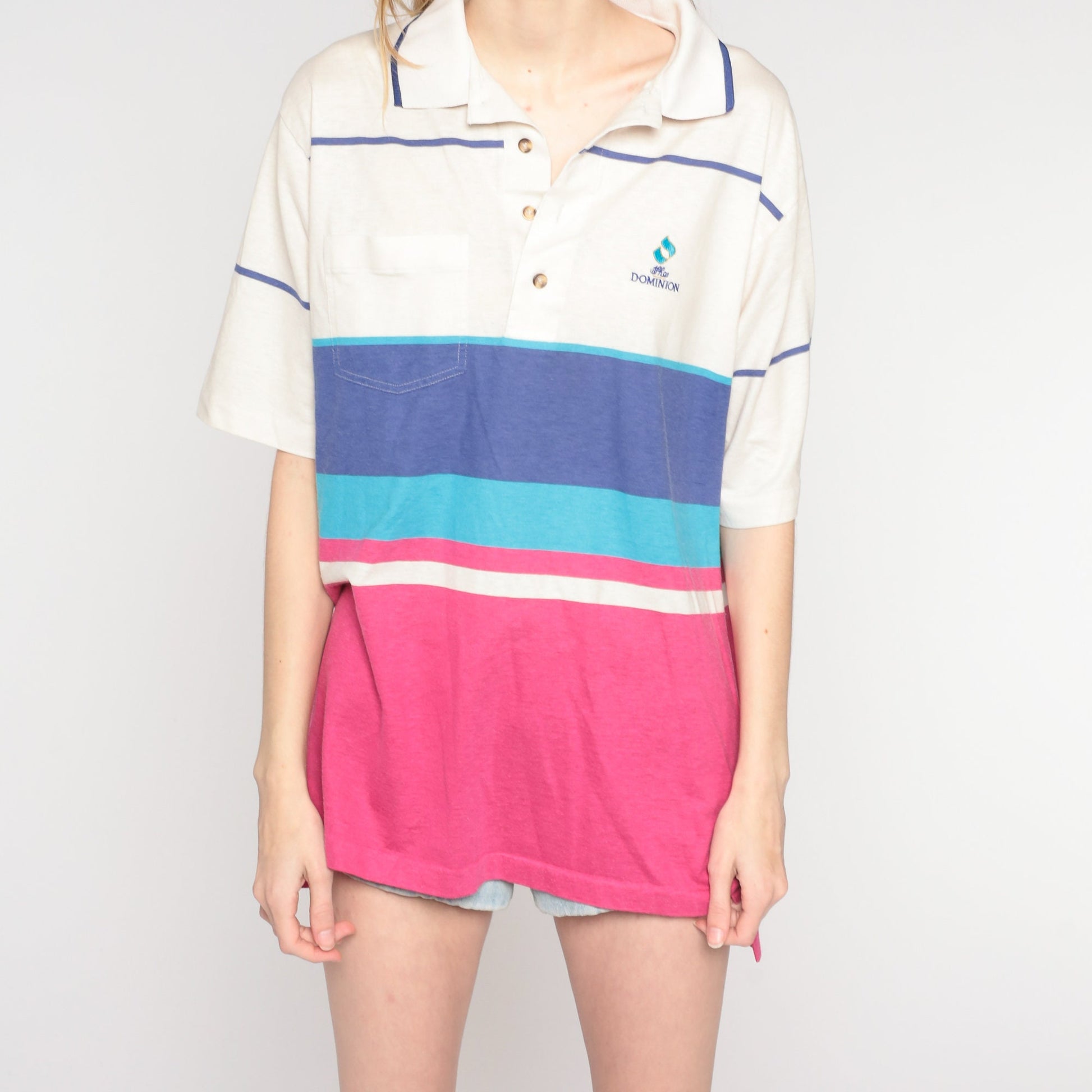 90s Izod Club Polo Shirt The Dominion Striped Color Block White Pink Blue Large