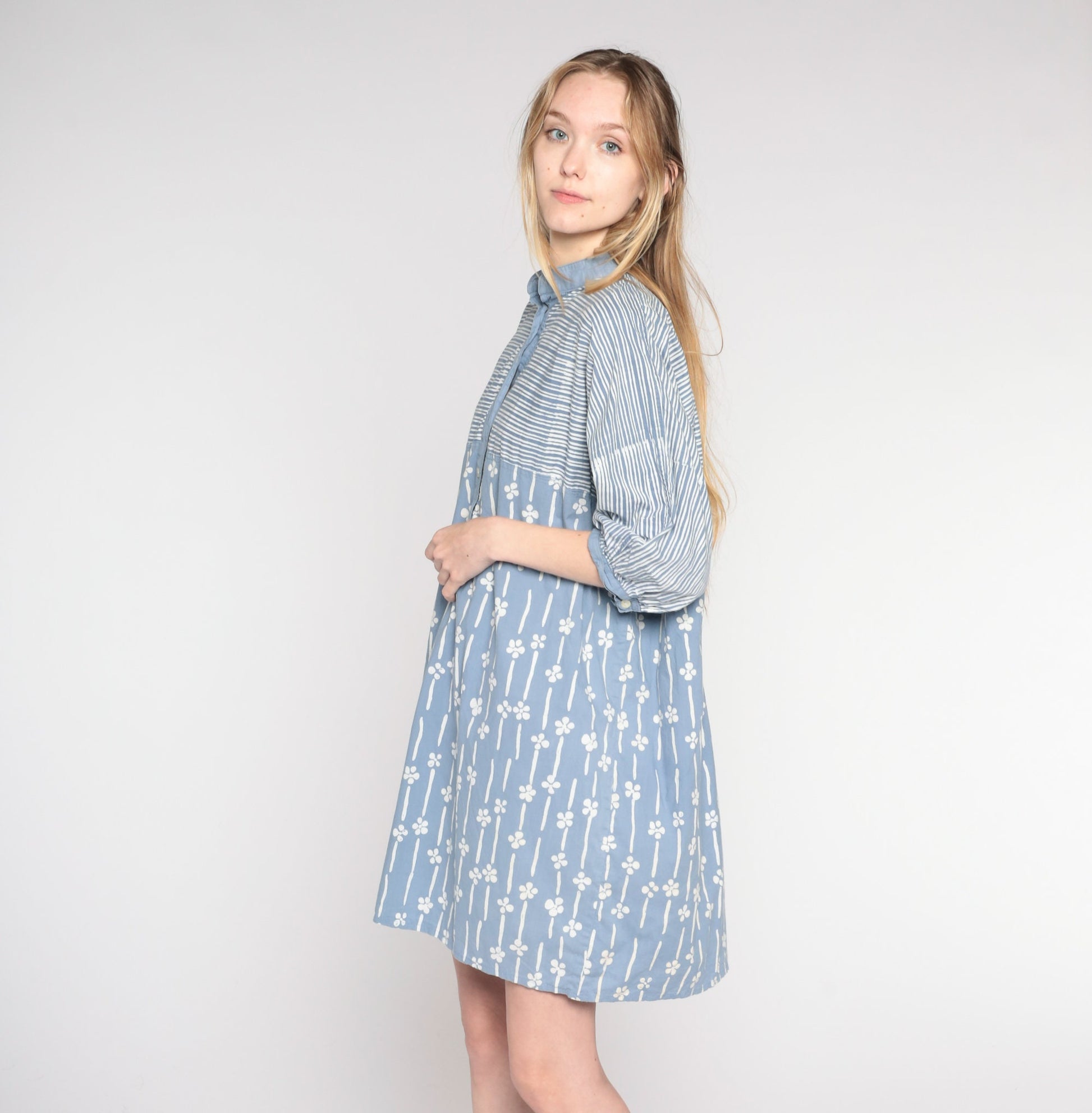 80s Striped Floral Shirtdress Blue Button-Up Mini Cotton Extra Large