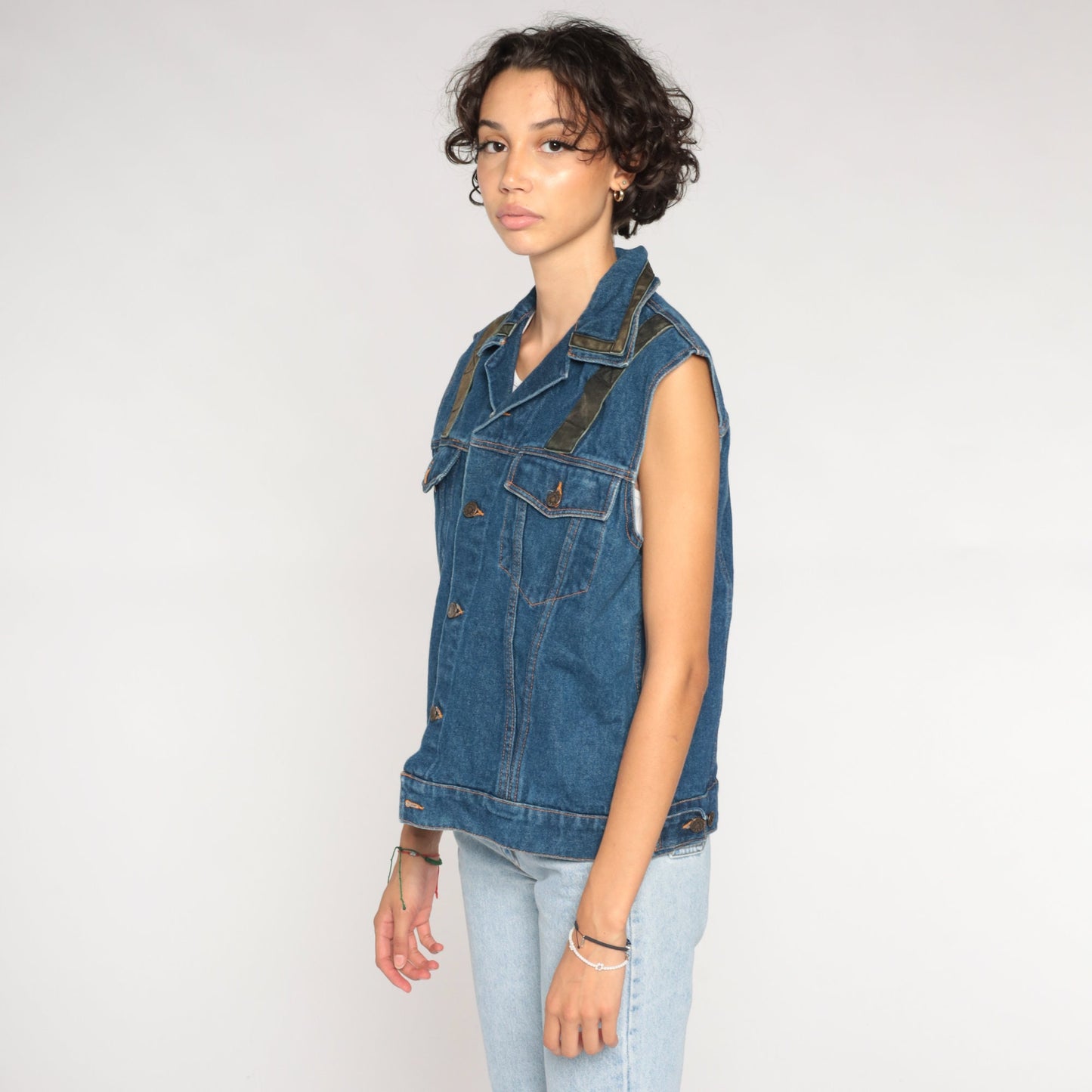 90s Snap-On Tools Denim Vest Blue Leather Trim Button-Up Sleeveless Medium