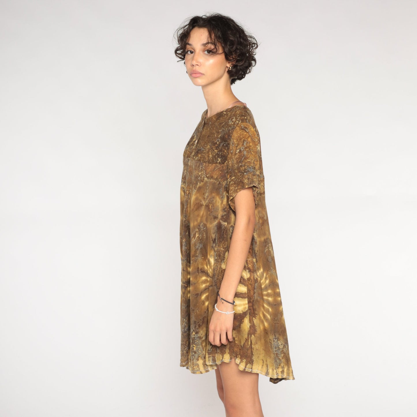 90s Tie Dye Mini Dress Brown Tent Cut Empire Waist Rayon Large
