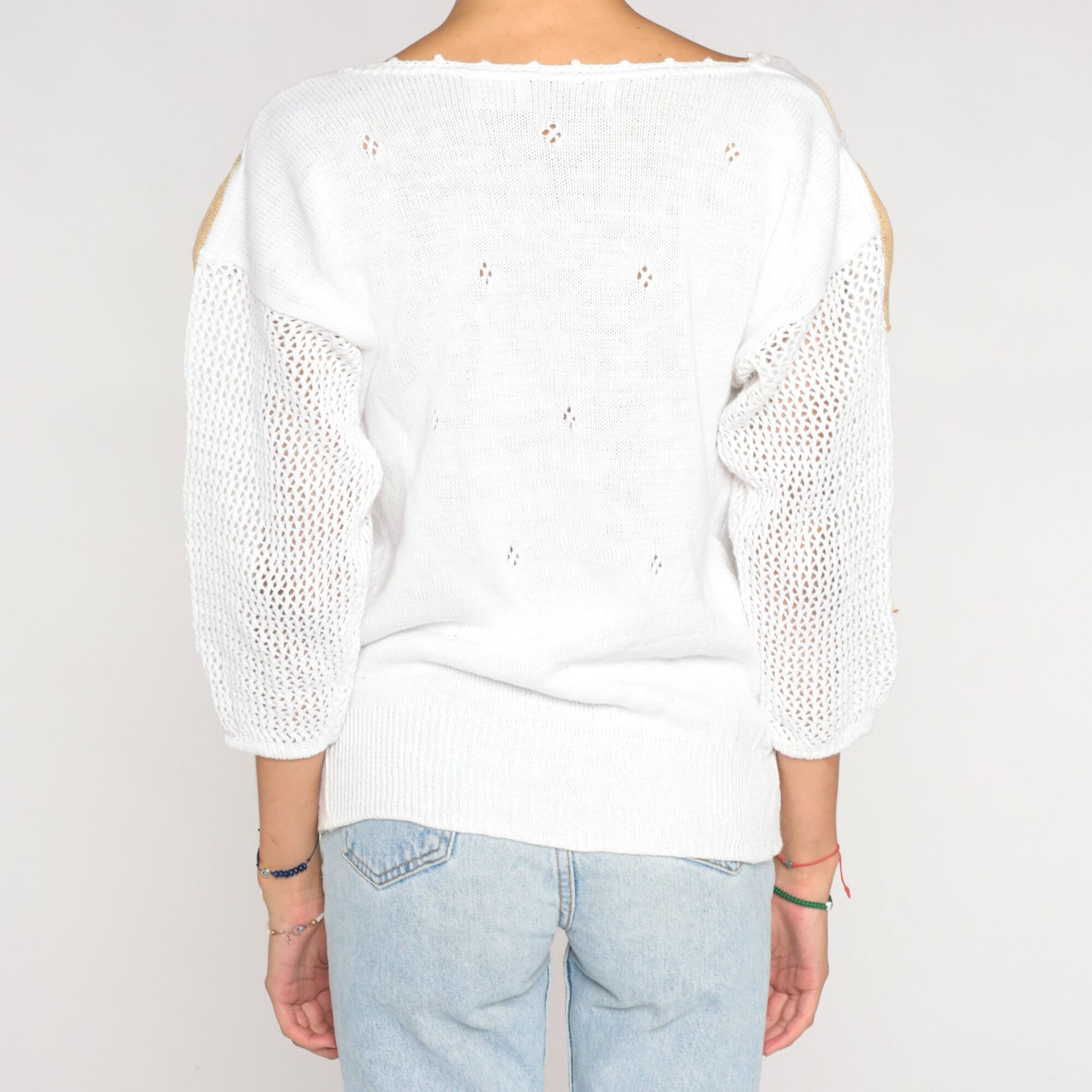 90s White Cutout Knit Sweater Pearl Beaded Leaf Applique Medium M