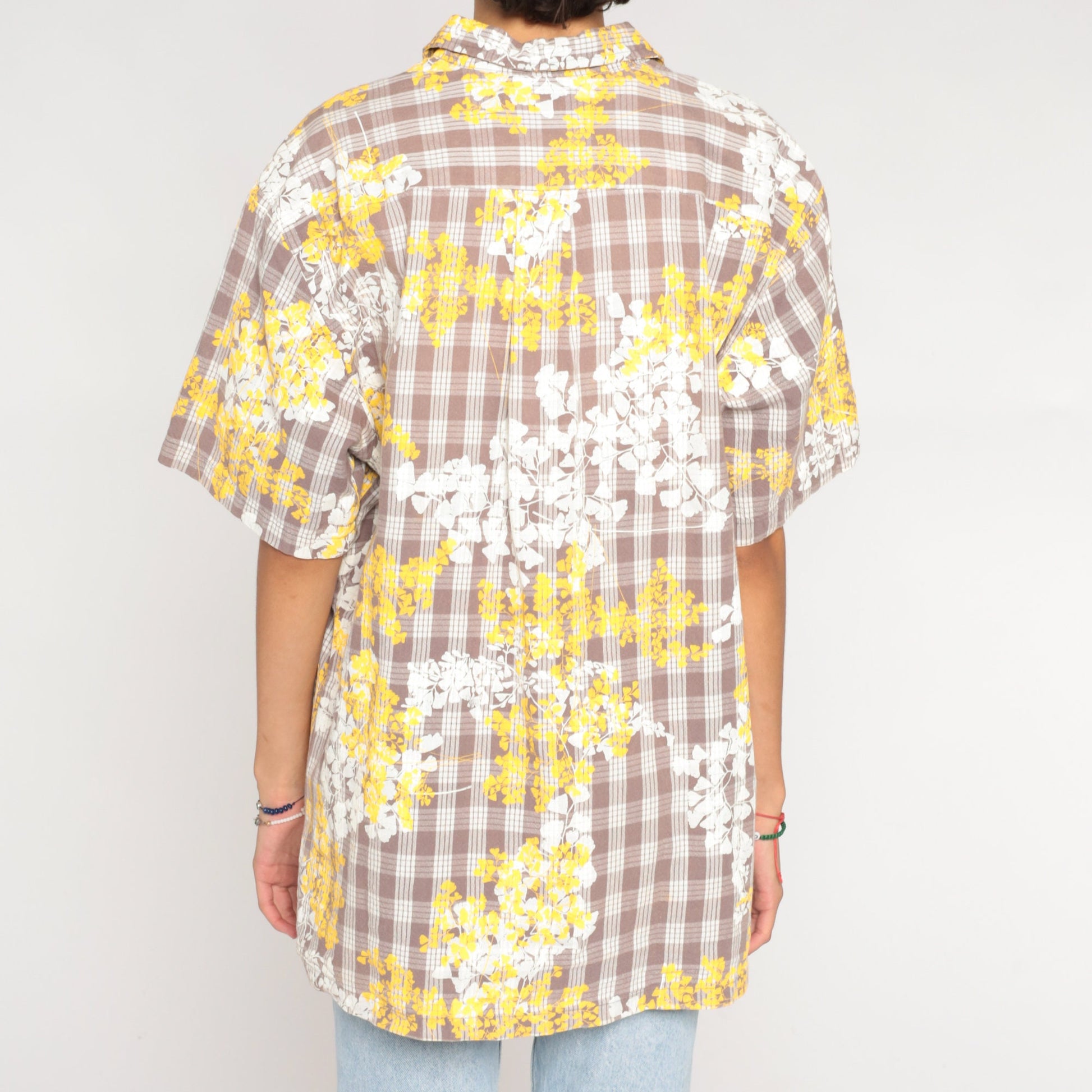 80s Checkered Floral Short Sleeve Button-Up Shirt White Brown Yellow Extra Large XL