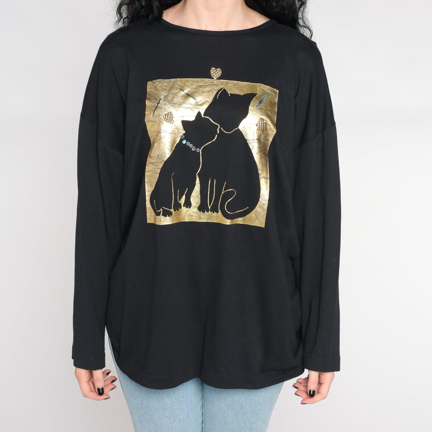 90s Cat Mama Baby Kitten Graphic Tee Gold Metallic Heart Black Extra Large