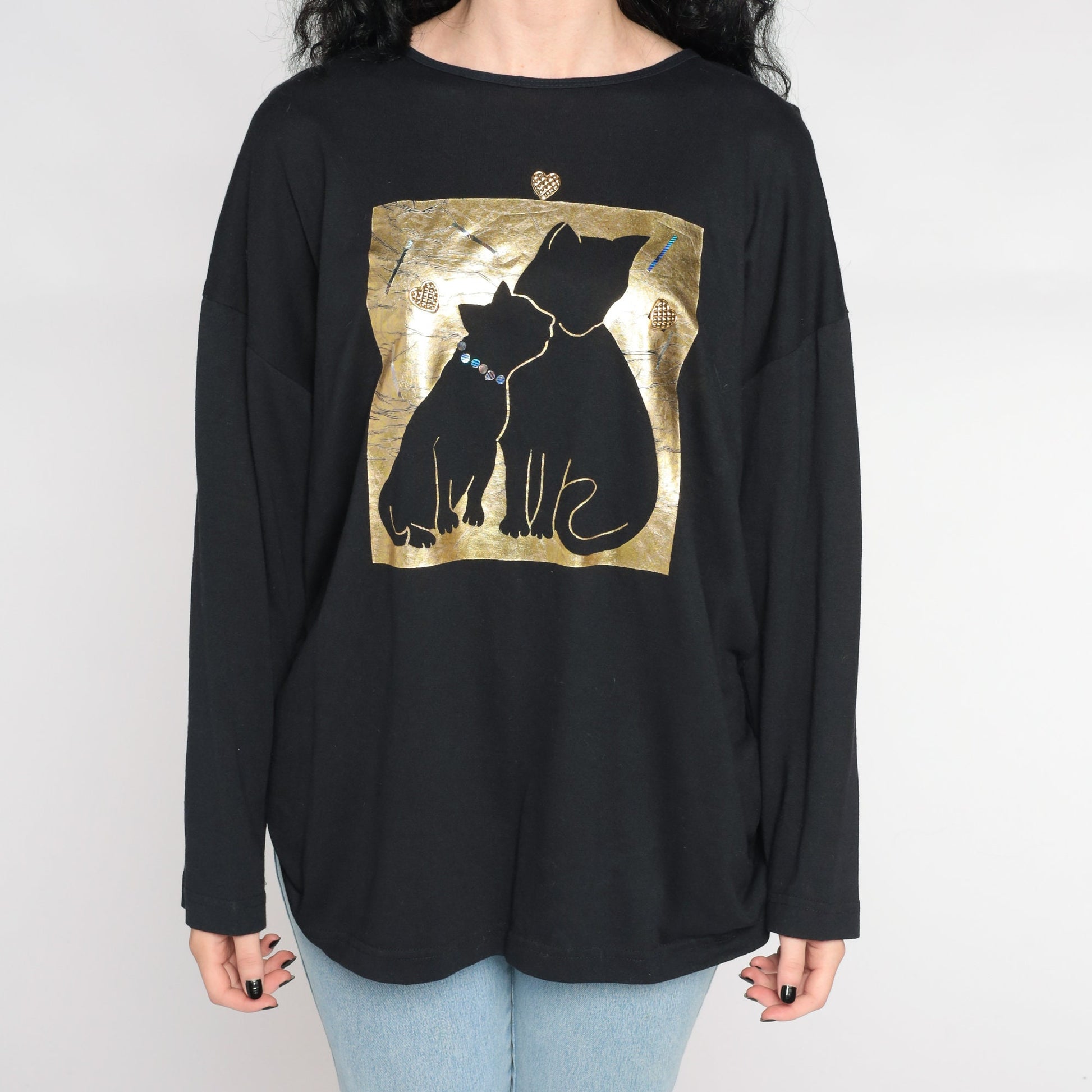 90s Cat Mama Baby Kitten Graphic Tee Gold Metallic Heart Black Extra Large