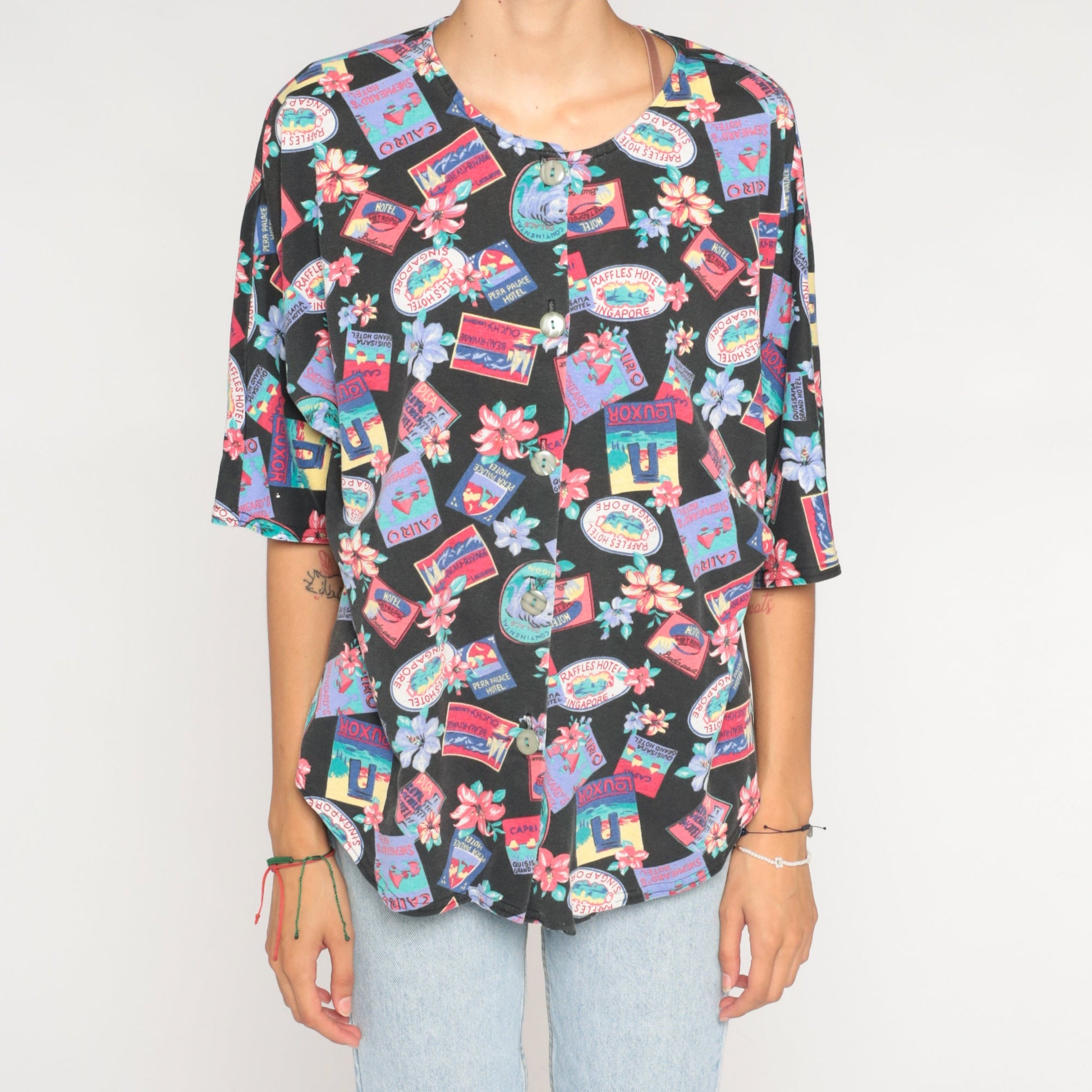 90s Tropical Travel Print Button-Up Shirt Black Graphic Blouse Extra Large
